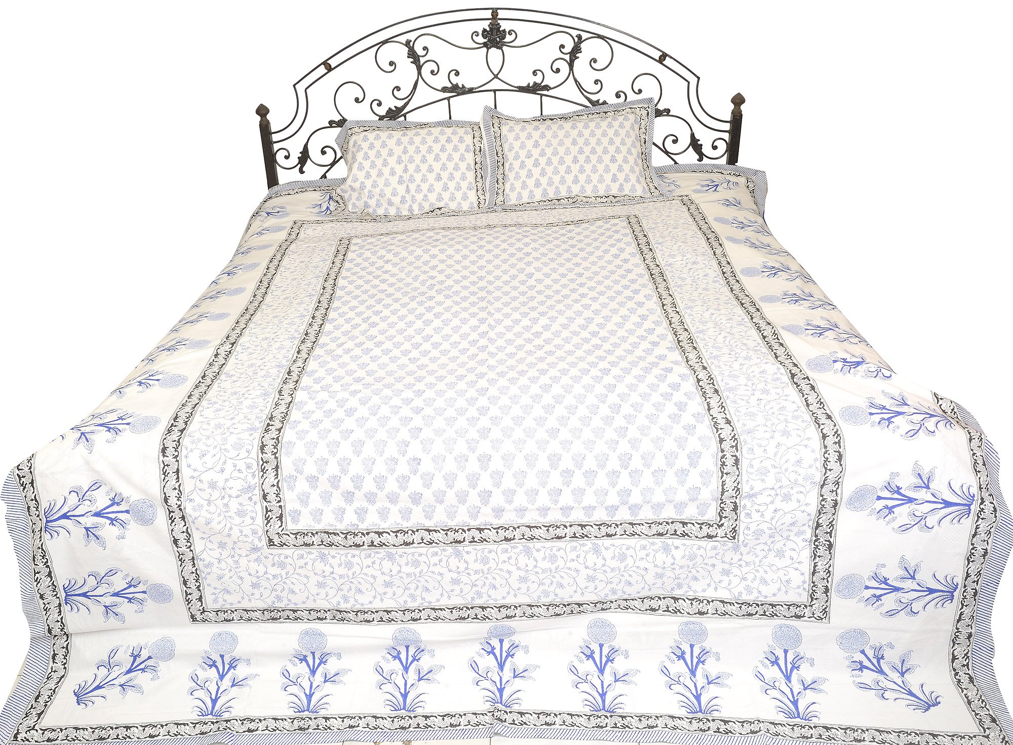 Exotic India Bright-White Bedspread from Jaipur with Printed Bootis and Flowers - Pure Cotton with P-image-36
