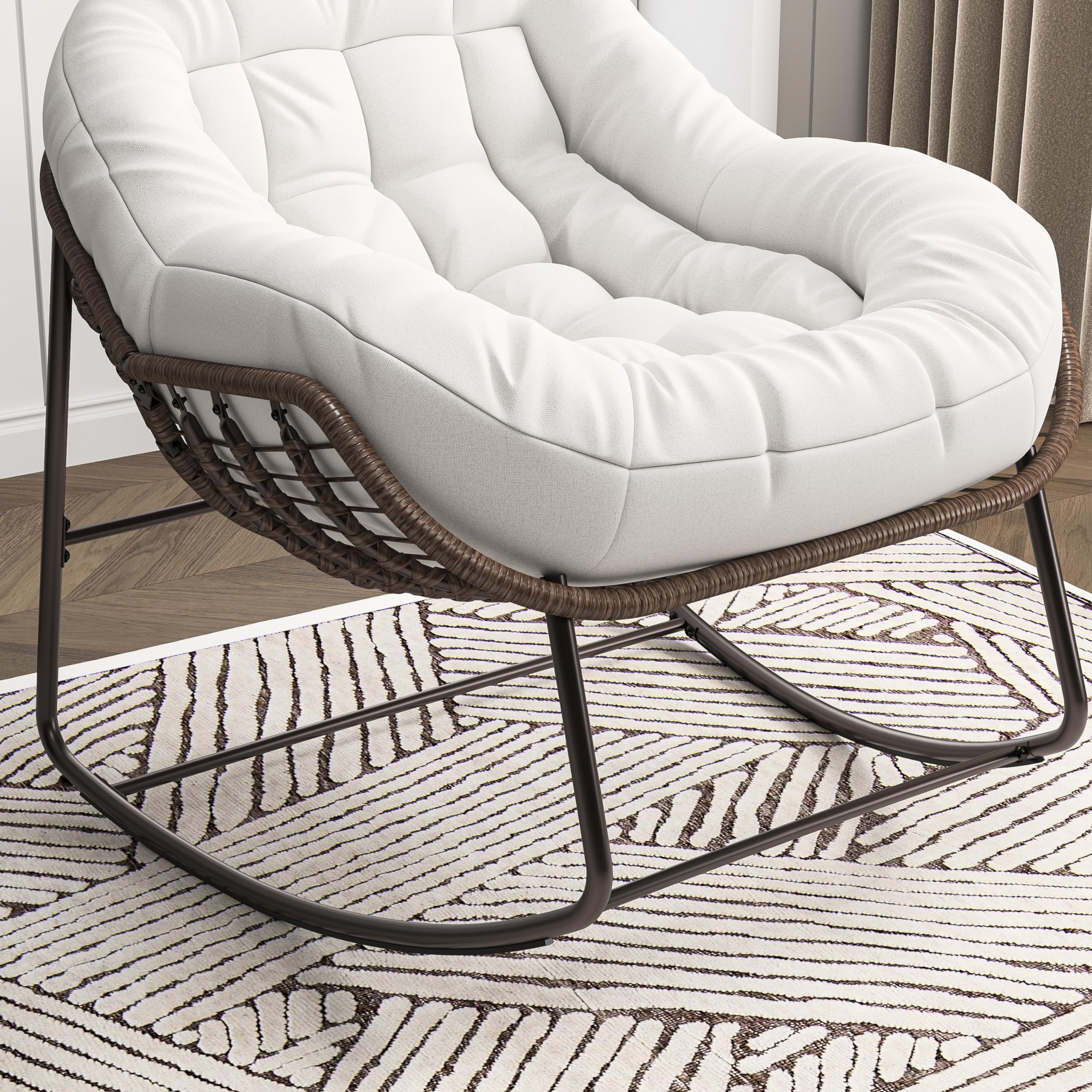Mecedora para Interiores y Exteriores, Silla de Mimbre de Gran tamaño con cojín Grueso para Patio, jardín, balcón, Sala de Estar, Dormitorio, Marco de Metal (Beige, A)