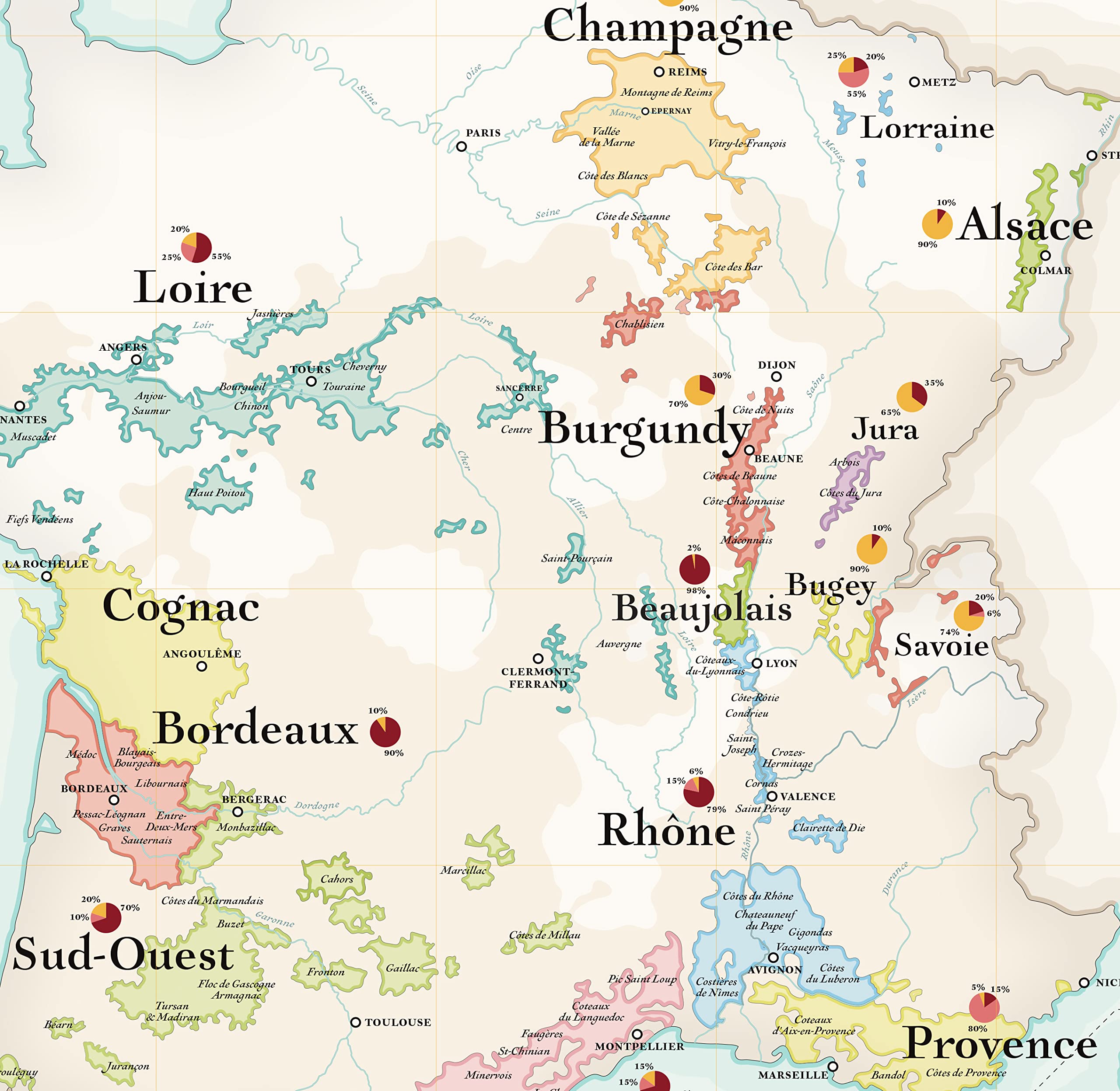 Wine map of France Old map of France showing the wine regions, France