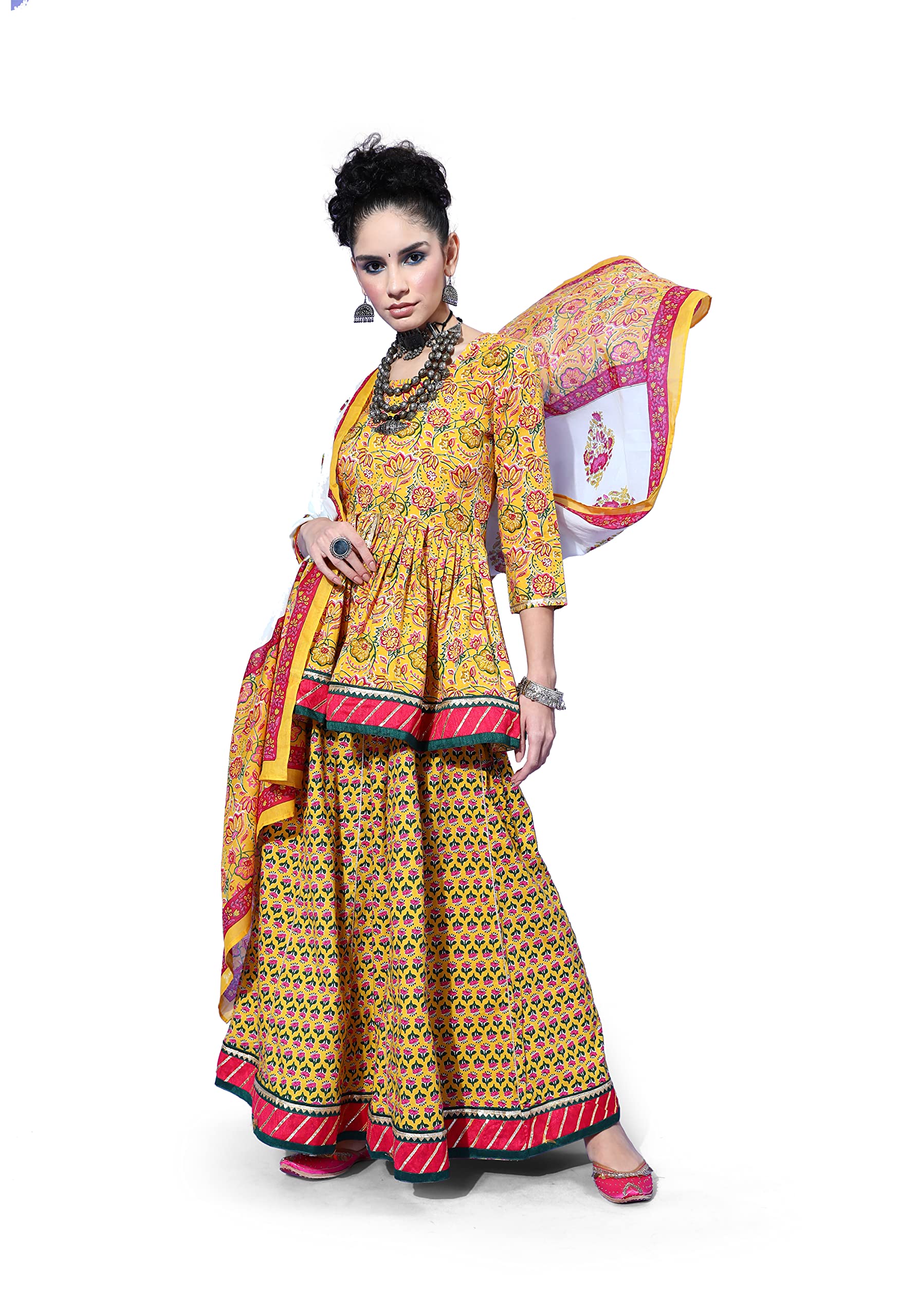 Cotton Blend Gota Work Floral Printed A-Line Kurta Skirt with Dupatta for Ethnic Wear, for Women and Girls, Yellow, 3XL