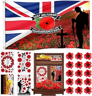 Lest We Forget Flag 5 ft X 3 ft with Eyelets, Lest We Forget Window Stickers, Poppy Flowers Remembrance Day Flag Poppy Window Stickers for Garden Street School Poppy Flag Remembrance Day Decorations