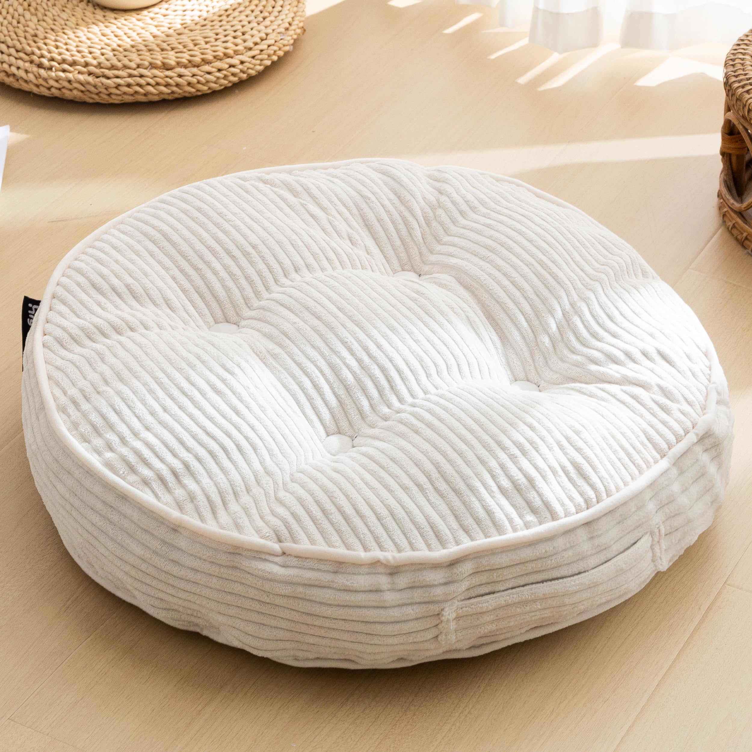 HIGOGOGO Washable Floor Pillow Cushion for Adults, Meditation Cushion Pillow, Large Round Floor Sitting, Removable Tufted Corduroy Cover, for Tatami Living Room or Yoga, 22x22 Inch, Machine Washable