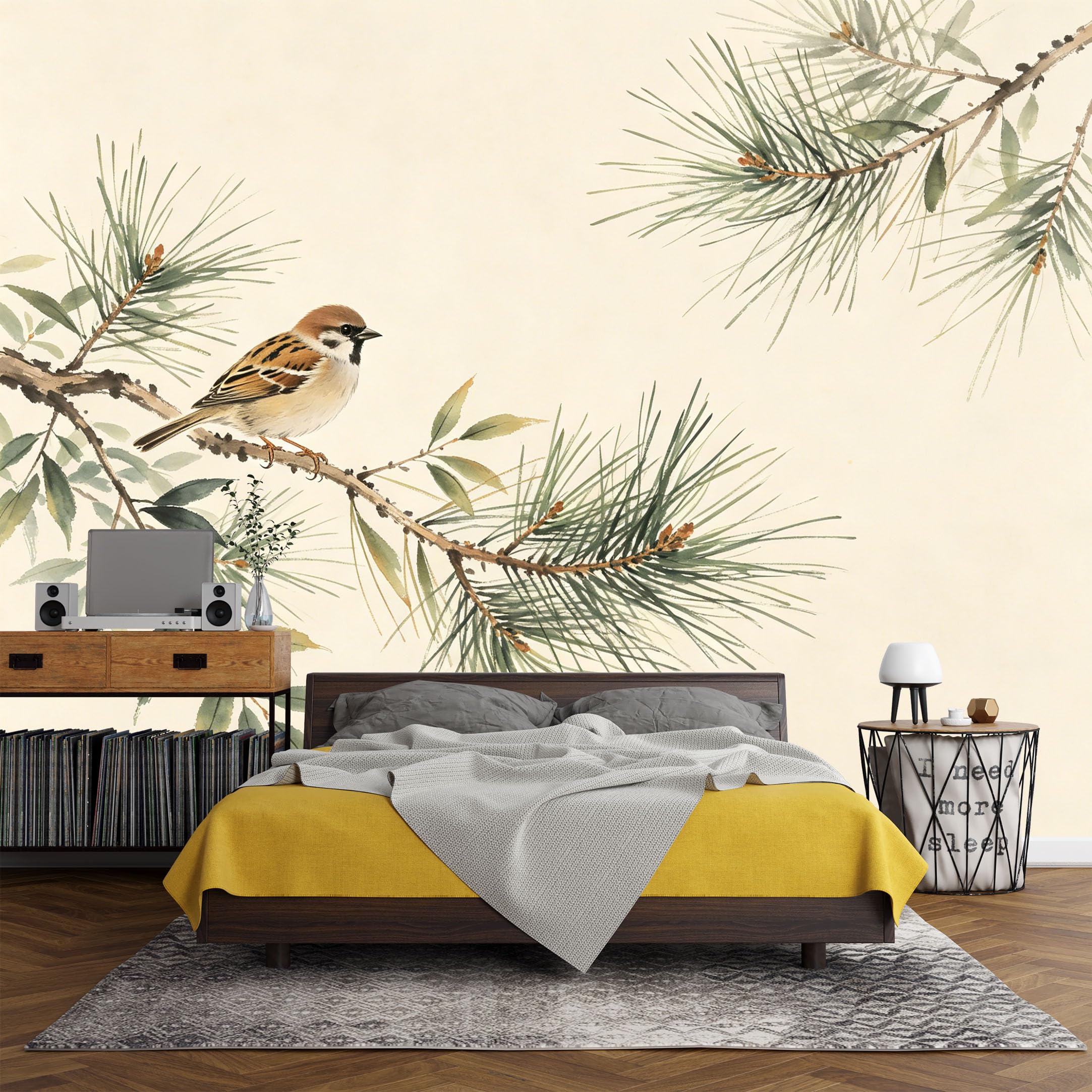 Custom Size Wall Mural， Botanical Sparrow Pine Branch Watercolor Nature Art，SelfAdhesive Art Prints wall Fabric (No PVC) Removable Wallpaper Living Room Decor