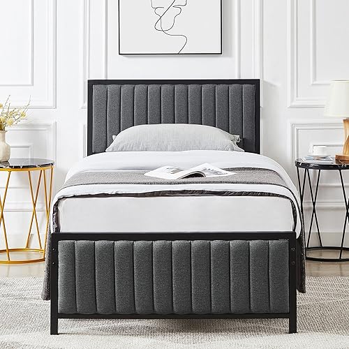 Miniatura 29 de VECELO Base de cama tamaño matrimonial con cabecera y estribo tapizados, plataforma de listones de acero resistente, no necesita somier, color gris