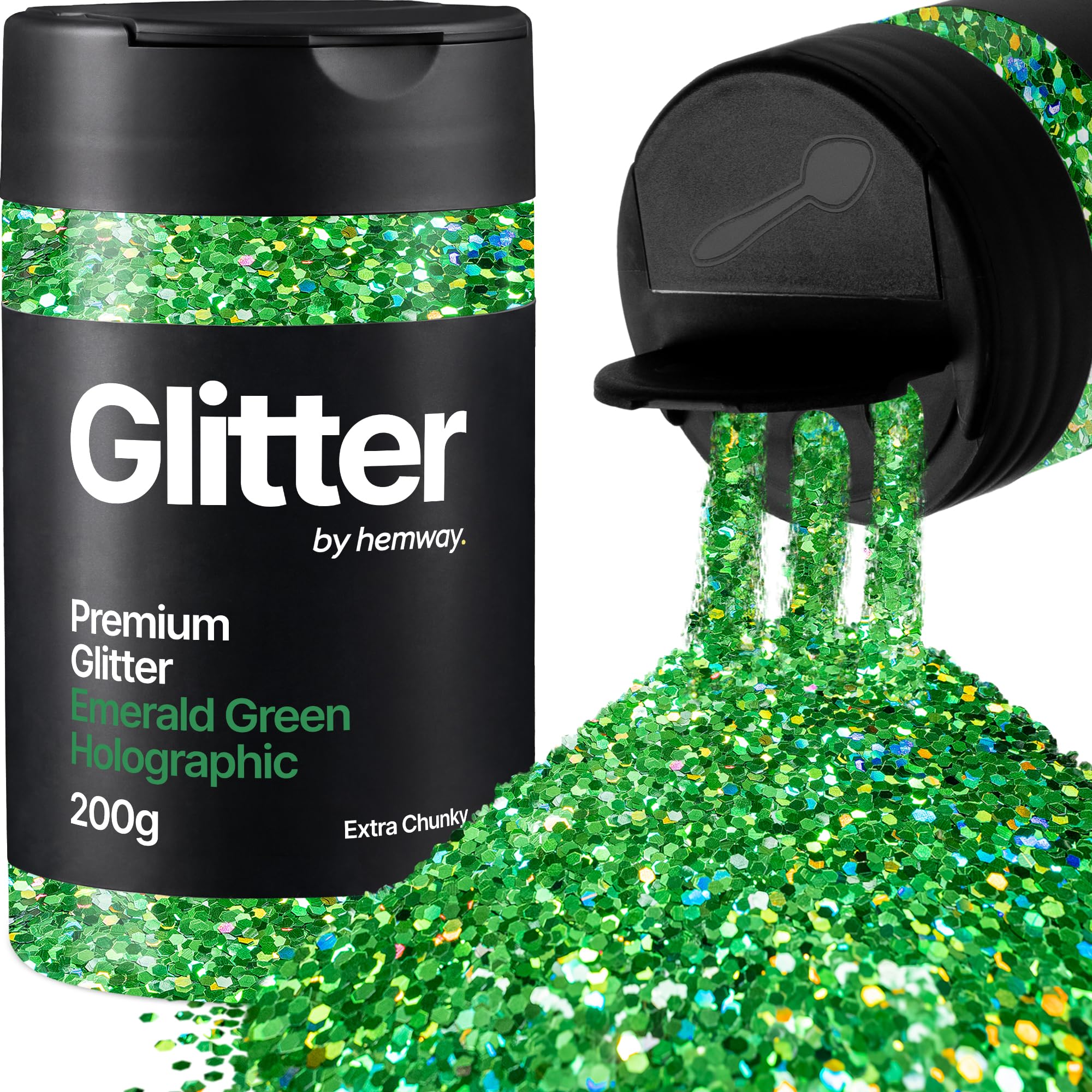 Hemway Emerald Green Holographic Glitter Shaker, 200g Extra Chunky Glitter for Crafts Metallic Flake Sequins for Resin & Epoxy Crafts for Decorating, Halloween, Christmas, Nail, Face, Art
