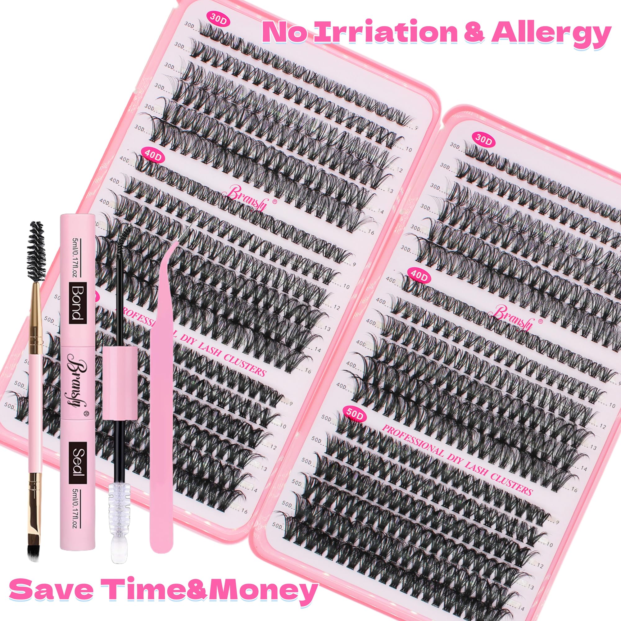 Bransfy 3 Styles 720pcs Lash Clusters Kit DIY Lash Extension Kit D Curl Eyelash Extensions 9-16MM Cluster Lashes with Waterproof Lash Bond and Seal Tweezers(30D+40D+50D,Kit) - Image 3