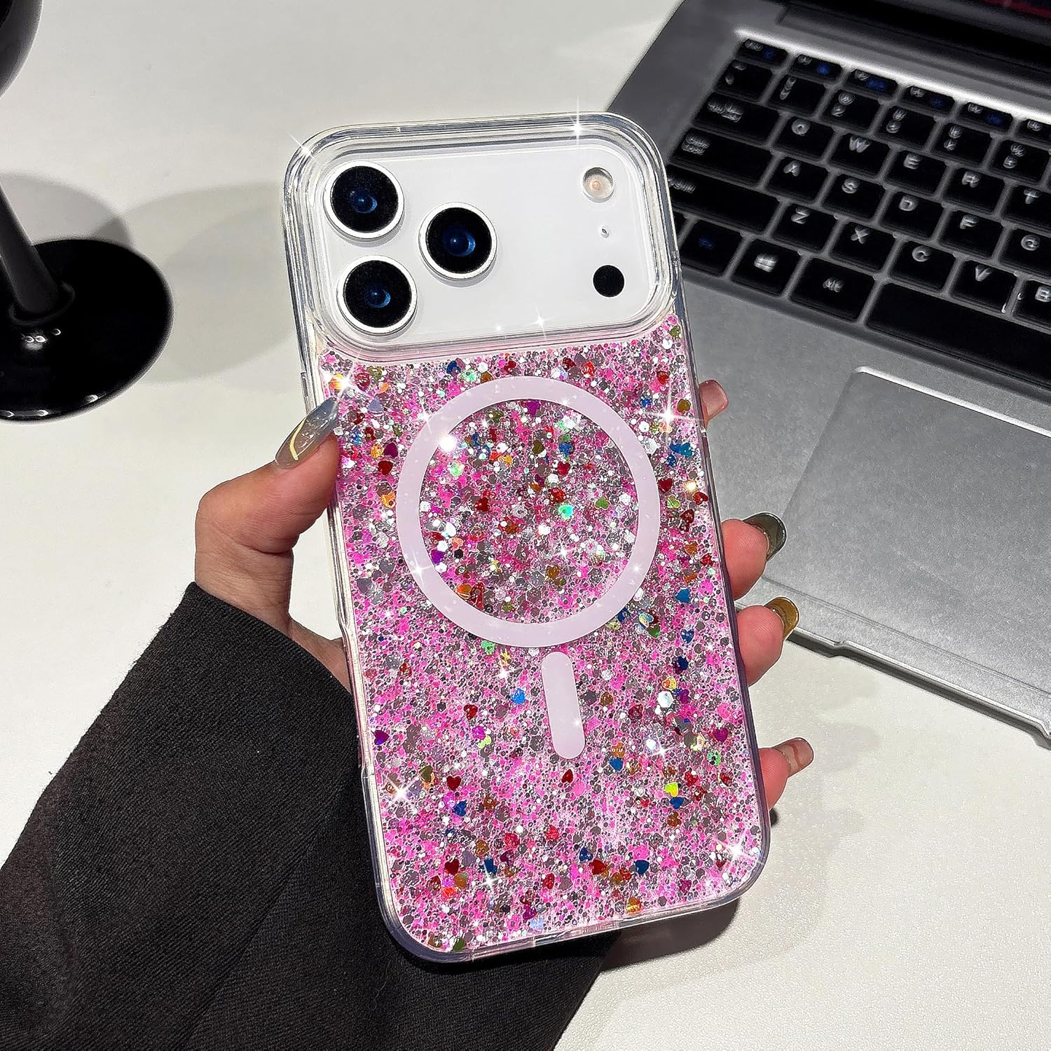 UEEBAI Glitter Case Magnetic for iPhone 17 Pro Max Case, Luxury Shiny Bling Sparkly Phone Cover Compatible with MagSafe, Wireless Charge Crystal Diamonds Shiny Cover for Women - Hot Pink - Amazon product rated Grade A
