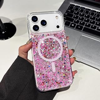 UEEBAI Glitter Case Magnetic for iPhone 17 Pro Max Case, Luxury Shiny Bling Sparkly Phone Cover Compatible with MagSafe, Wireless Charge Crystal Diamonds Shiny Cover for Women - Hot Pink - Amazon product rated Grade A