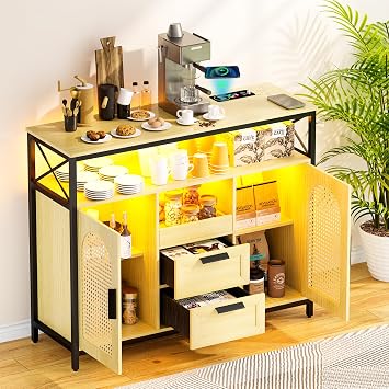 Gurexl 40" RGB Sideboard with Wireless Charging Station,7 Dynamic & 24 Static Dimmable LED Buffet Cabinet with USB-C Ports,Rattan Coffee Bar with 2 Drawers,2 Cabinet,Natural