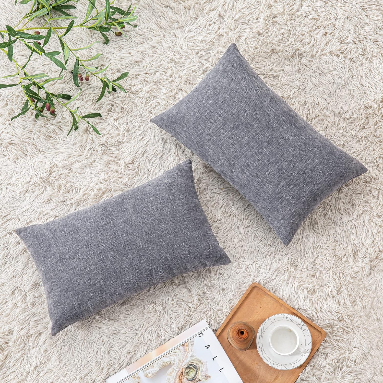 GAWAMAY Lumbar Support Pillow Decorative Rectangle Throw Pillow Covers 12"x20" Inch Set of 2, Soft Chenille Fall Pillowcase for Living Room Bedroom Sofa Couch Cushion Cover Grey 30x50cm (No Insert) - Image 4