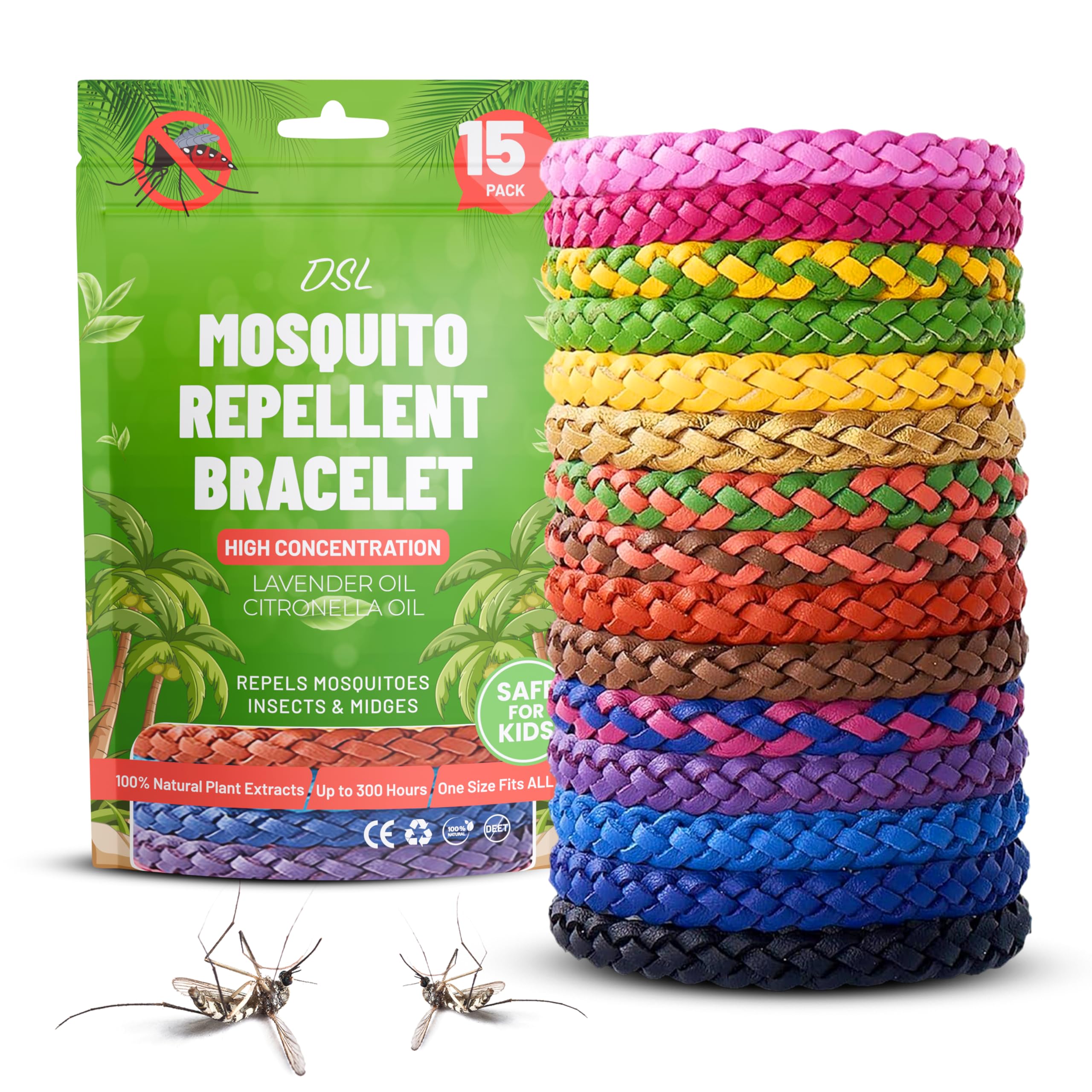 DSL Mosquito Repellent Bracelet 15 Pack, Insect Repellent Bracelet - 300 Hours Protection for Travel & Holidays, Deet-Free - Adjustable Mosquito Bands for Adults & Kids, Camping Essentials