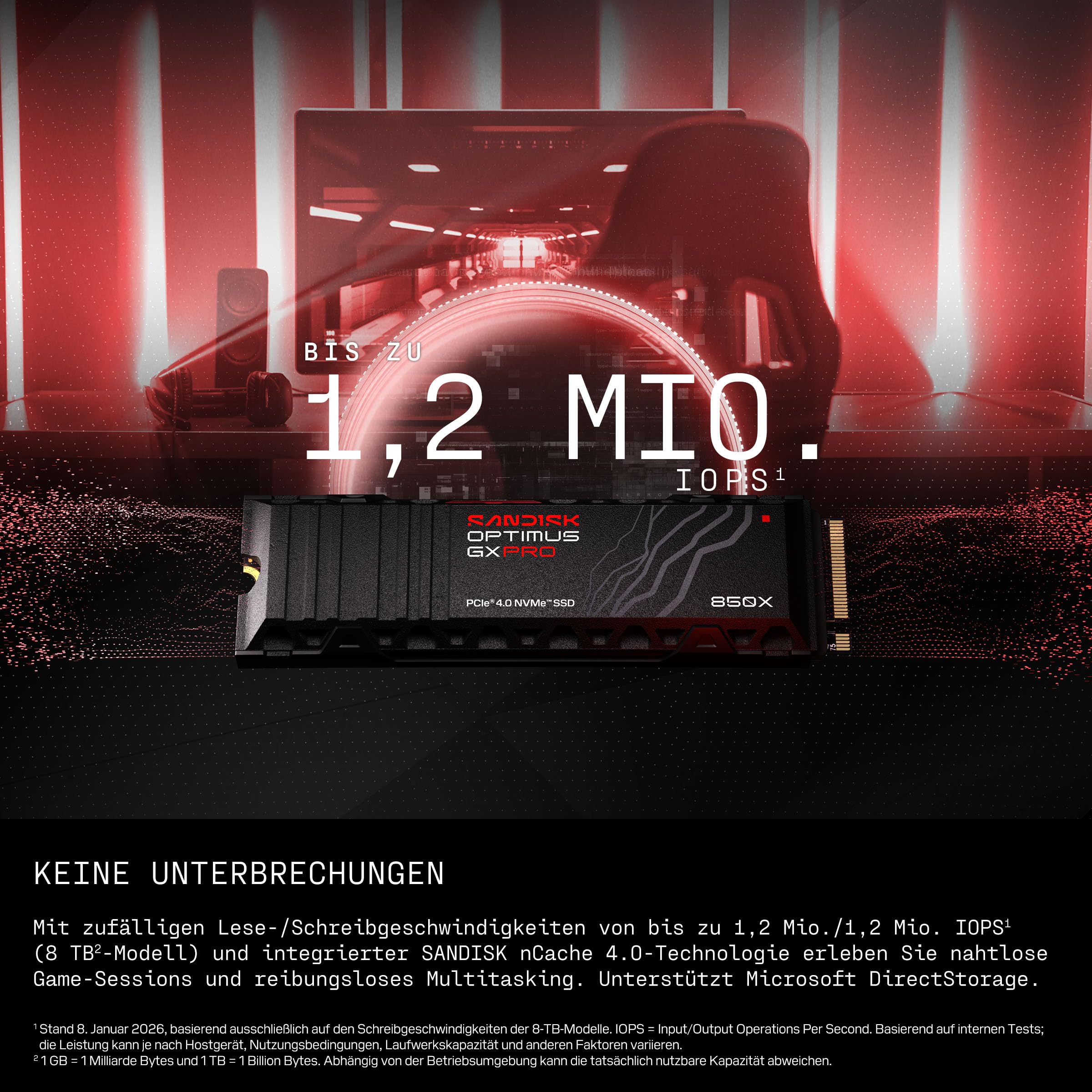 SANDISK Optimus GX PRO 850X NVMe SSD mit Kühlkörper 8 TB (bis zu 7.200/6.600 MB/s sequenziellen Lese-/Schreibgeschwindigkeiten, M.2 2280, PCIe 4.0, bis zu 4.800 TBW)