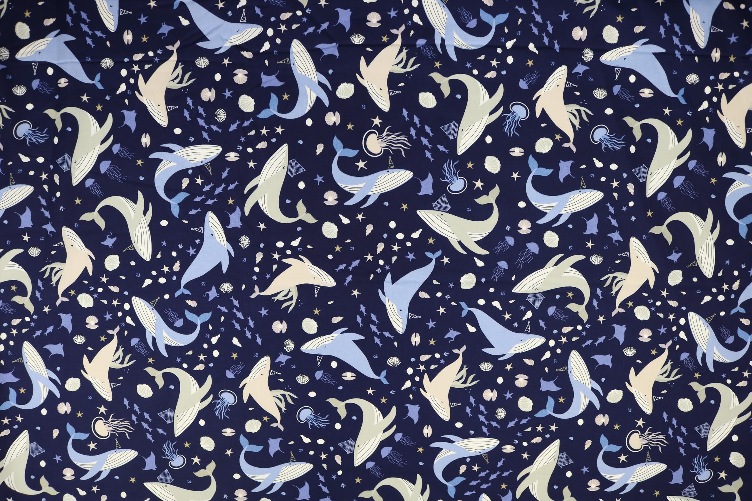 Pyrhan 100% Cotton Fabric By Rose & Hubble | Shark & Whales in Ocean Printed Cotton Fabric By The Metre UK |45 inches (114 cm)| Crafting Fabric & Dressmaking Fabric | Dress Fabric Material (Navy)