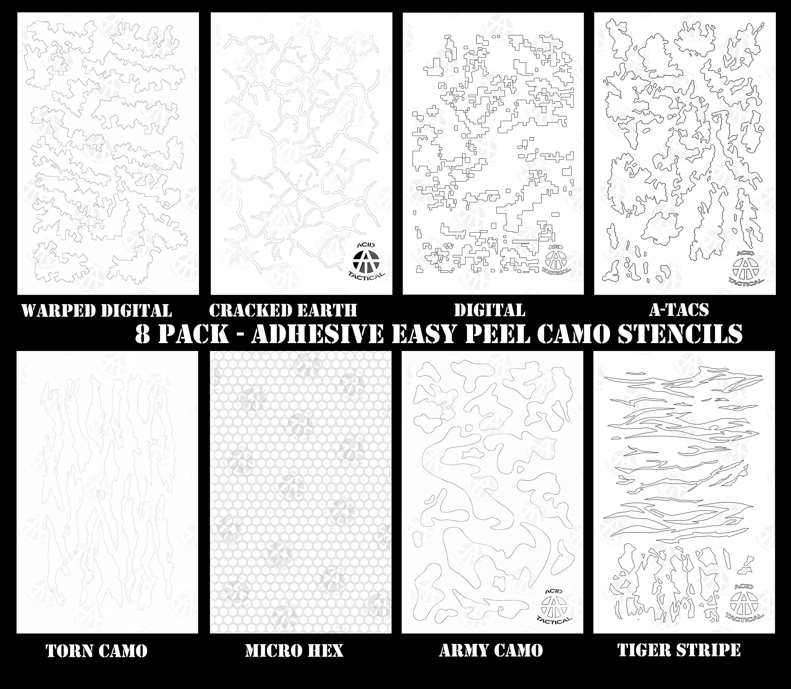 Acid Tactical® 8PACK Camouflage EasyPeel Spray Paint Cerakote Camo Adhesive Gun Stencil Tiger, Digital, Hex & More