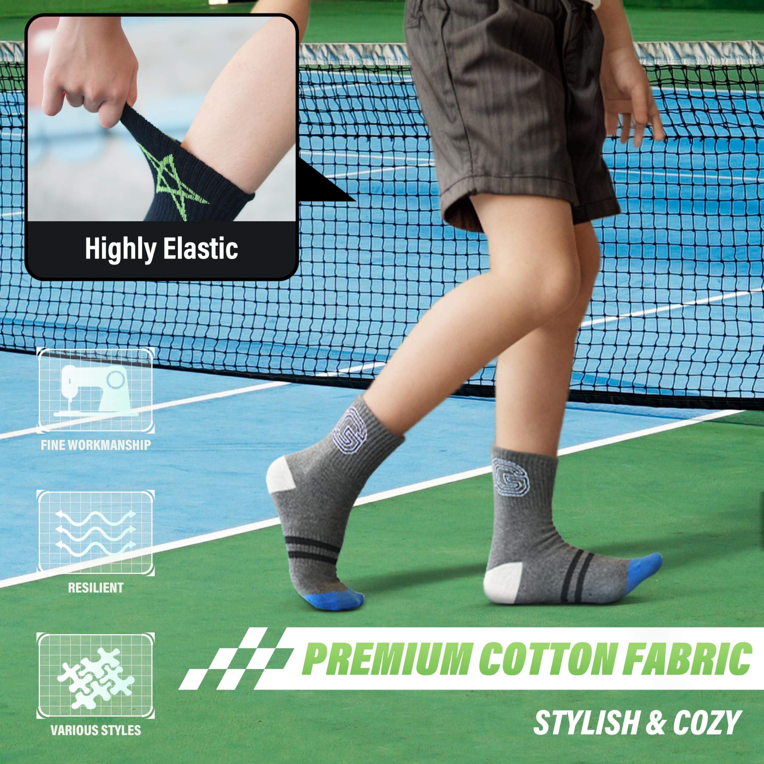 ANTSANG Kids Boys Girls Cotton Crew Socks Youth Teen Athletic Sport Basketball Breathable Soft Socks 6 Pairs(Blue Stars,5-8 Years)