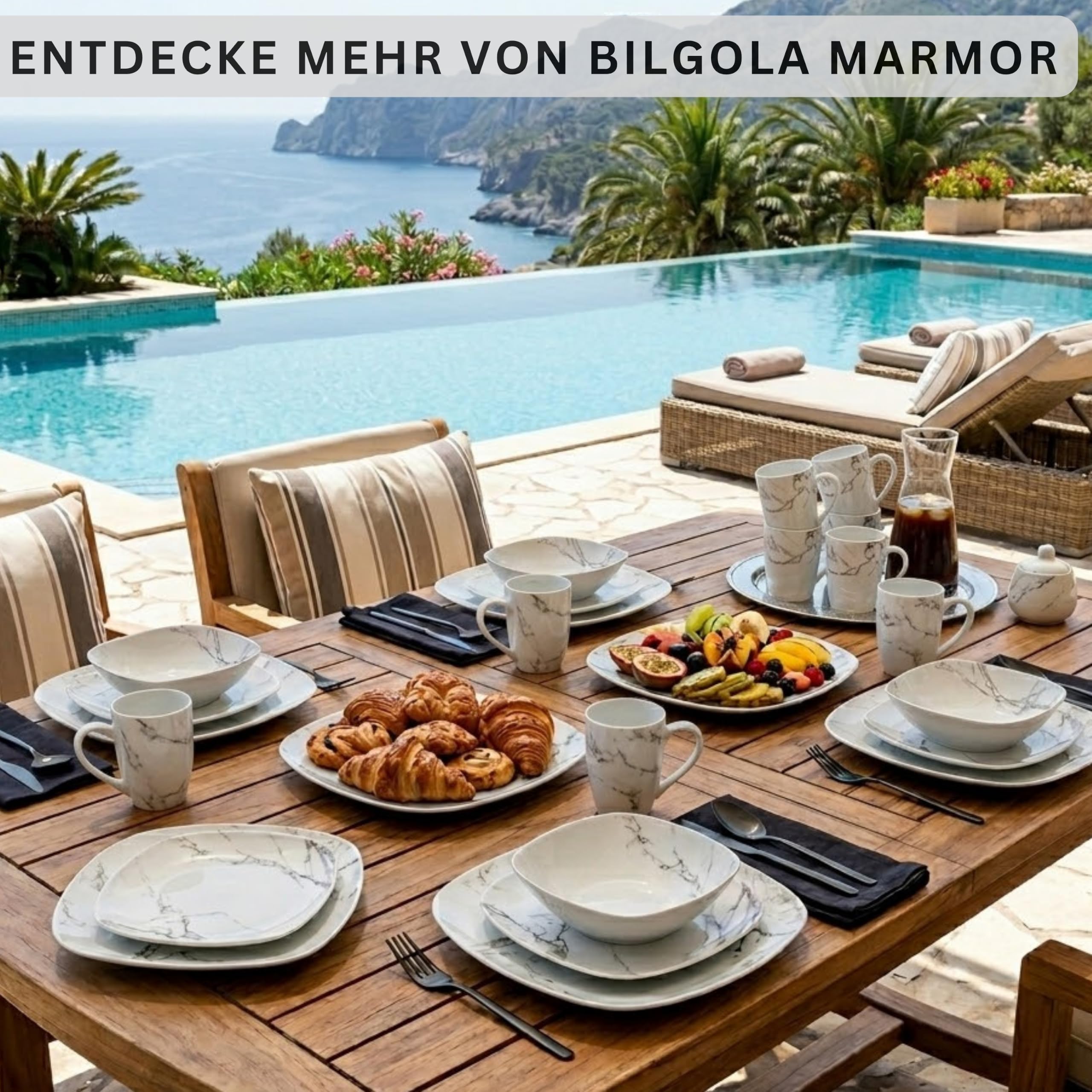 SÄNGER | Kombiservice Bilgola Marmor, 36-teiliges Geschirrset für 6 Personen mit Speise-, Dessert-, Suppentellern, Müslischalen, Kaffee- und Untertassen aus Porzellan, Eckig | PREMIUM COLLECTION