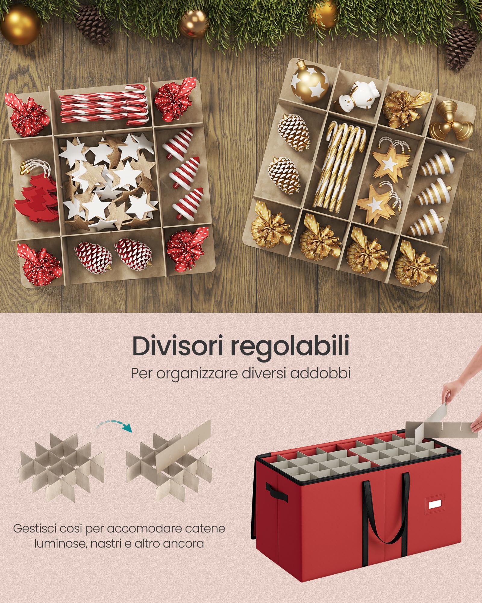 SONGMICS Contenitore per Palline di Natale, 128 Scomparti da 7,6 cm, Scatola Impilabile Decorazioni Natalizie con Coperchio, Doppia Cerniera Lampo, Divisori Regolabili, Rosso Ciliegia RFB039R01