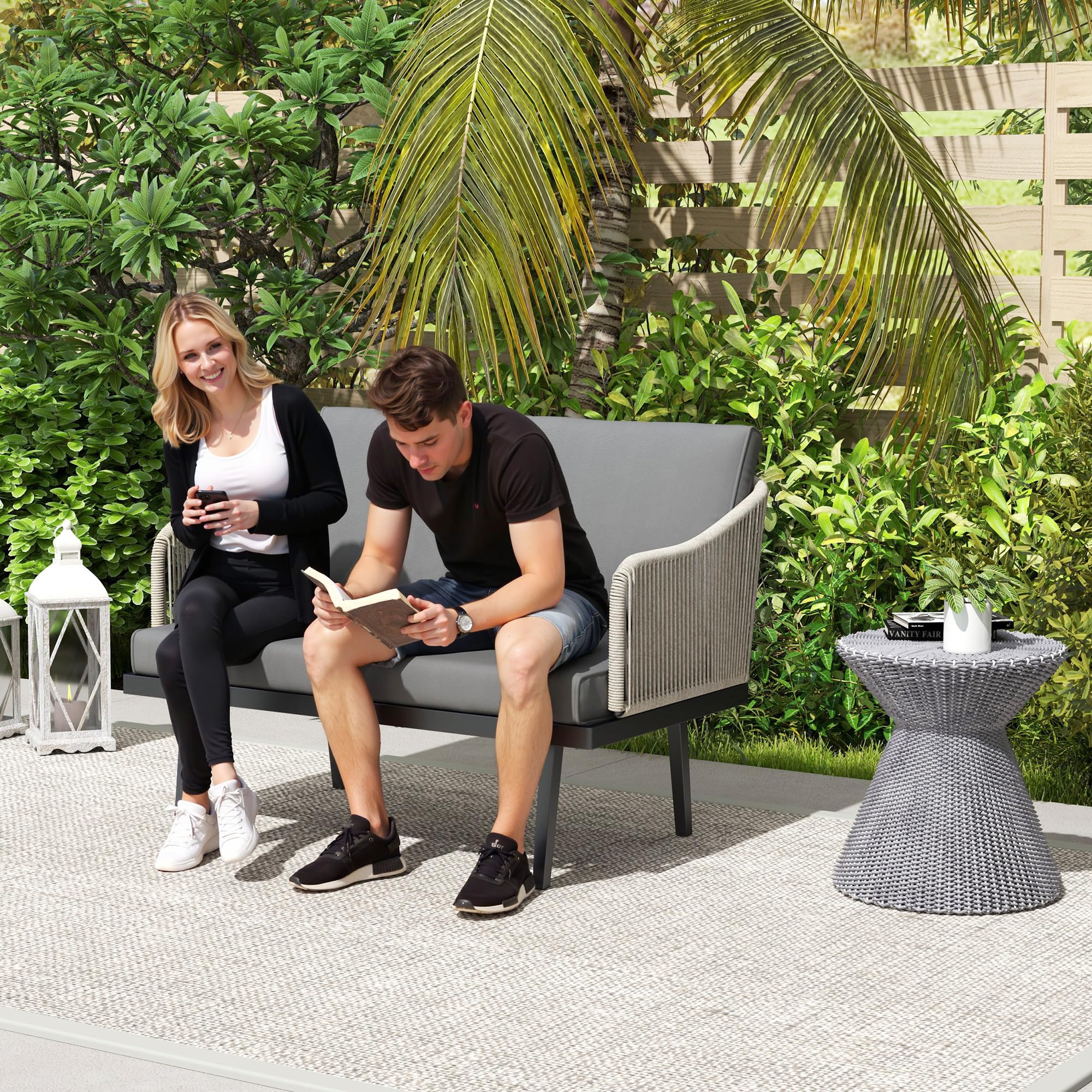 Outsunny Canapé de Jardin 2 Places avec Coussins en résine tressée, canapé d'extérieur avec accoudoirs, Cadre en Acier pour Jardin, Gris foncé