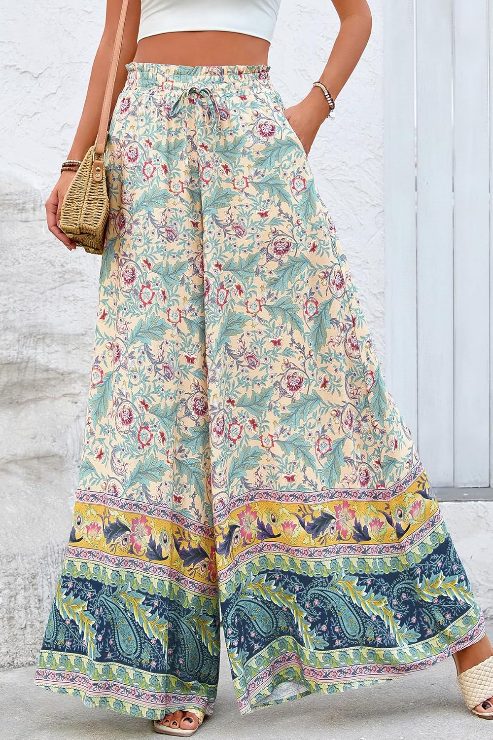 CFLONGE Women Wide Leg Pants Casual High Waist Floral Palazzo Pants for Women Flowy Trendy Lounge Boho Beach Trousers Pockets - Image 5