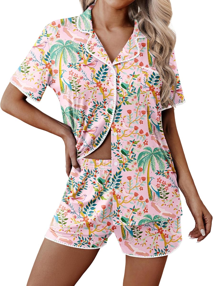 Ekouaer Pajamas for Women Set 2 Piece Soft Button Down Top and Shorts