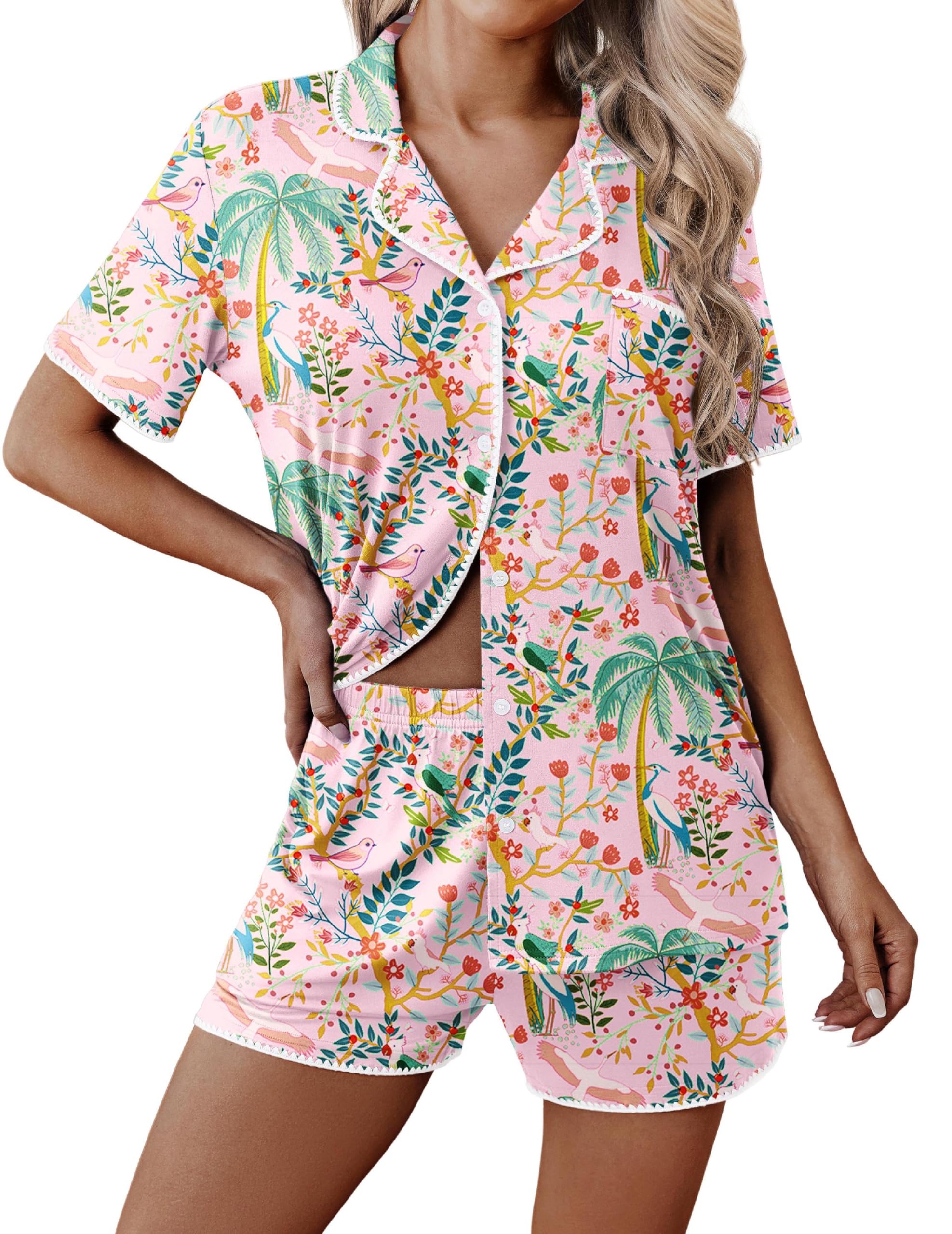 Ekouaer Pajamas for Women Set 2 Piece Soft Button Down Top and Shorts | Short Sleeve PJs with Cute Scalloped Trim, Soft Lightweight Lounge Sets, Ideal for Sleep, Travel &amp; Vacation