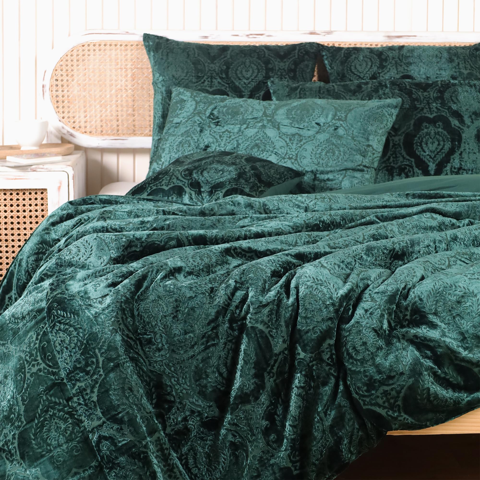Sophia-Art Damask Printed Velvet Duvet Cover 3 Pcs Set Solid Pattern Luxury Bedding Cover Comforter Cover with 2 Pillow Shames UO Comforter (Dark Green Brunt Out, Queen 90inch W x 90inch L)