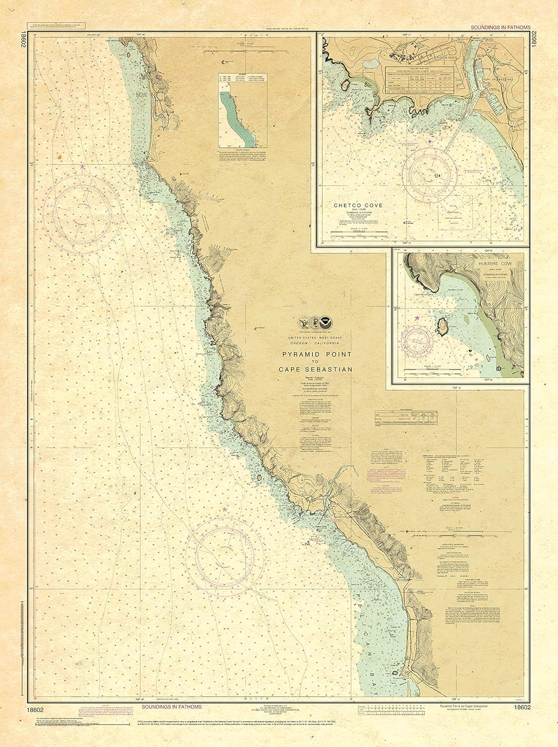 Paradise Cay Publications, Inc. Antiqued NOAA Chart 18602: Pyramid Point to Cape Sebastian; Chetco Cove; Hunters Cove
