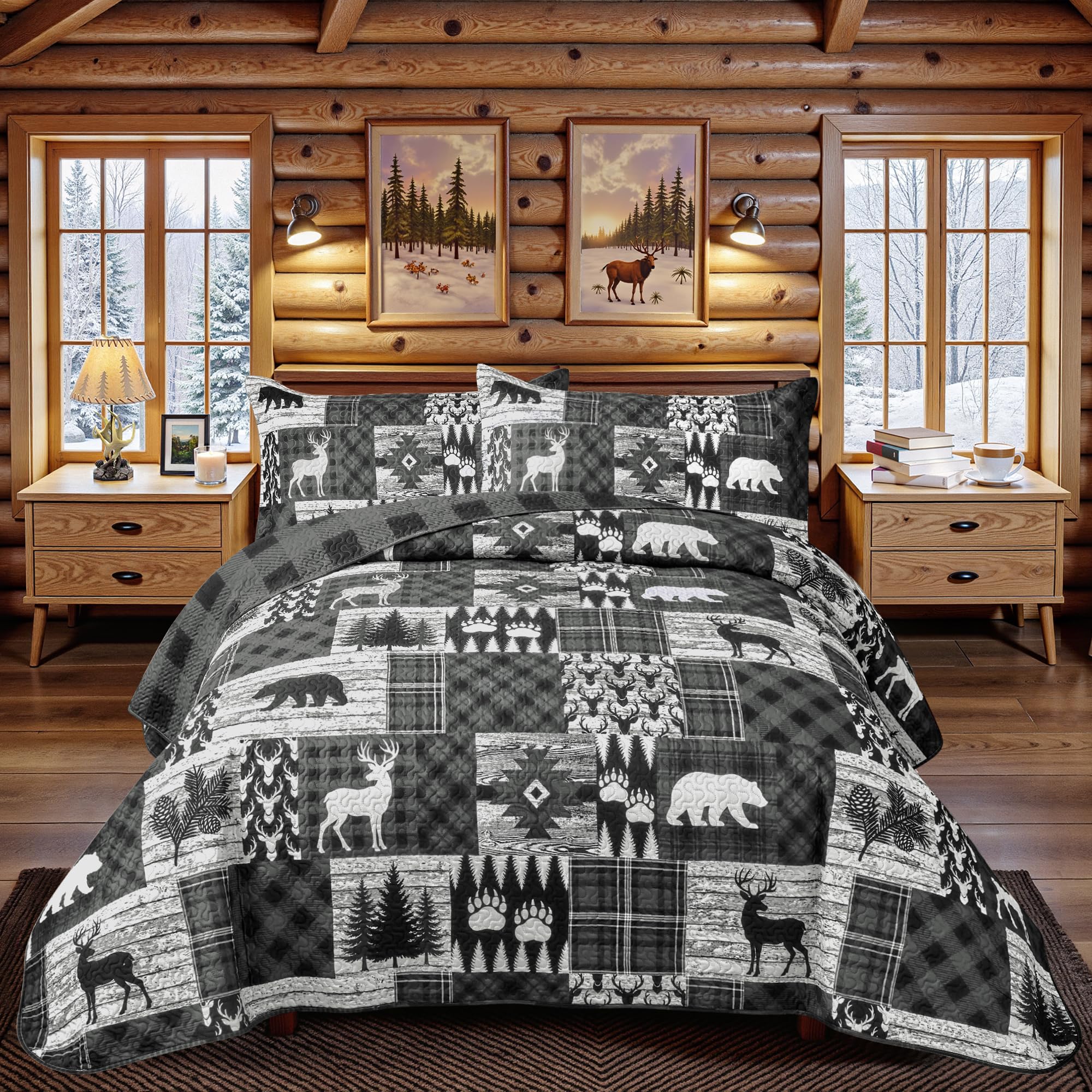3 Piece Cabin Full/Queen Quilt Sets Farmhouse Rustic Reversible Microfiber Soft Lightweight Bedspread Comforter with 2 Shams Patchwork Country Lodge Bedding Quilts Set for All Season, 90''x96'' , Grey
