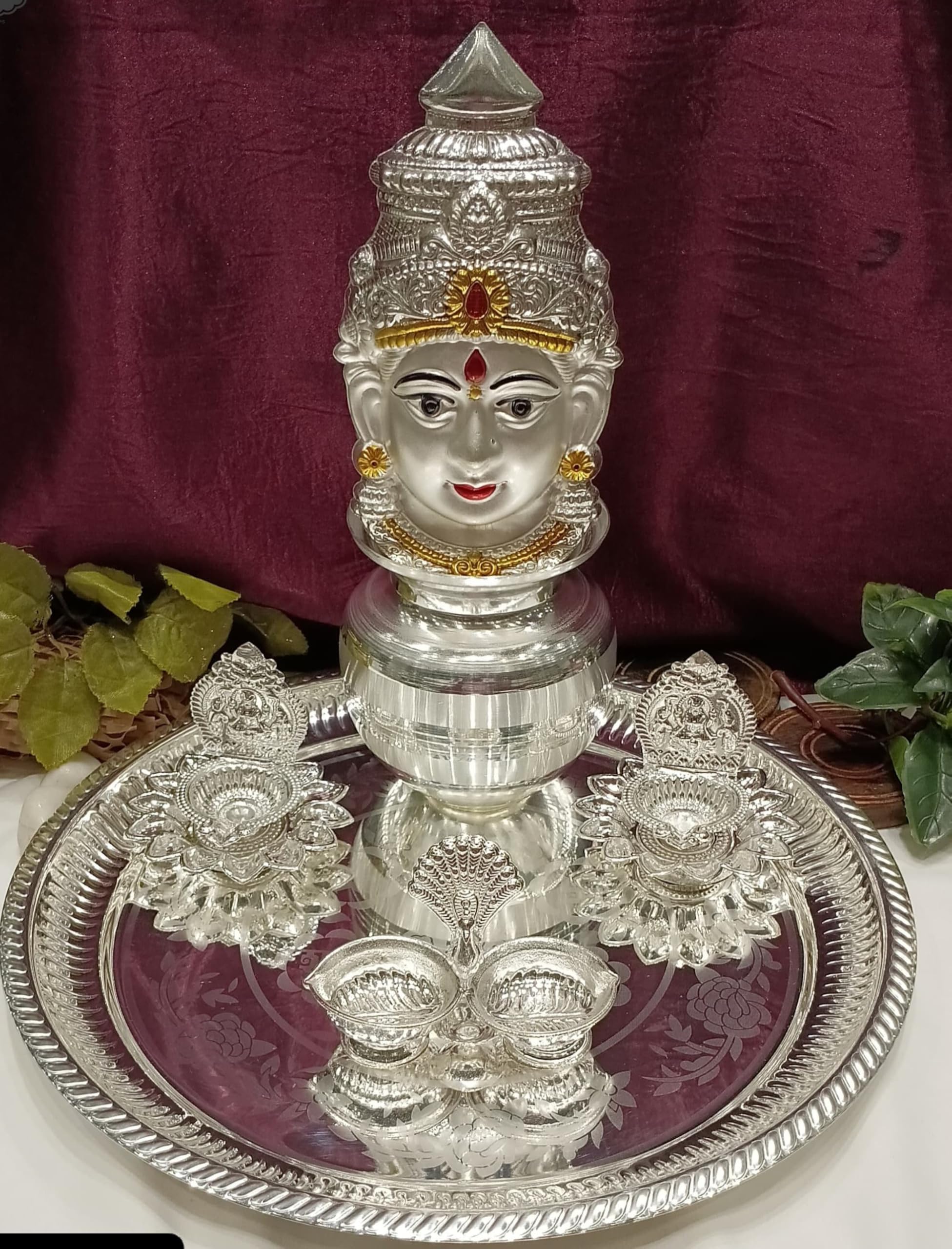 indiancraftsbykanika silver plated pooja thali set for housewarming/diwali set of 6 pieces