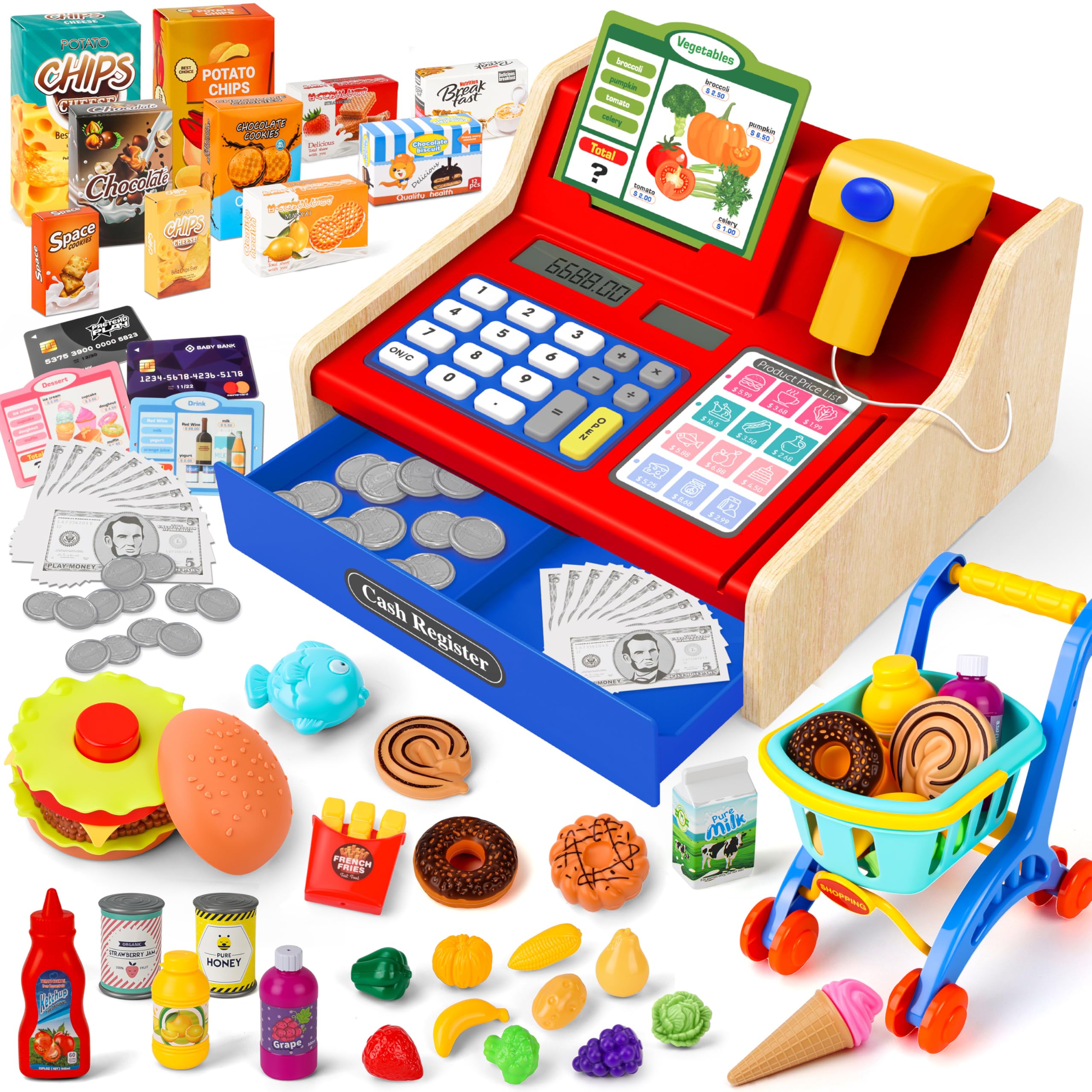 MOMOSTAR Cassa Giocattolo per Bambini, Registratore di Cassa Giocattolo con Scanner Calcolatrice, Supermercato Giocattolo con 66 Accessori, Cassa Giochi d'Imitazione Regalo per Bambini 3 4 5 6 Anni