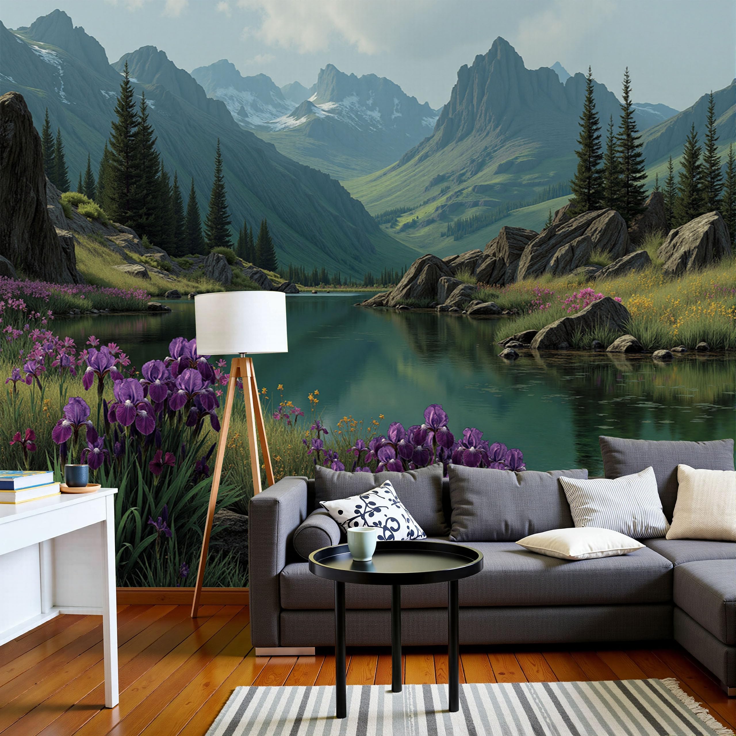 Papier peint 3D panoramique vintage lac aux iris géant vert foncé mural salon 200x140cm