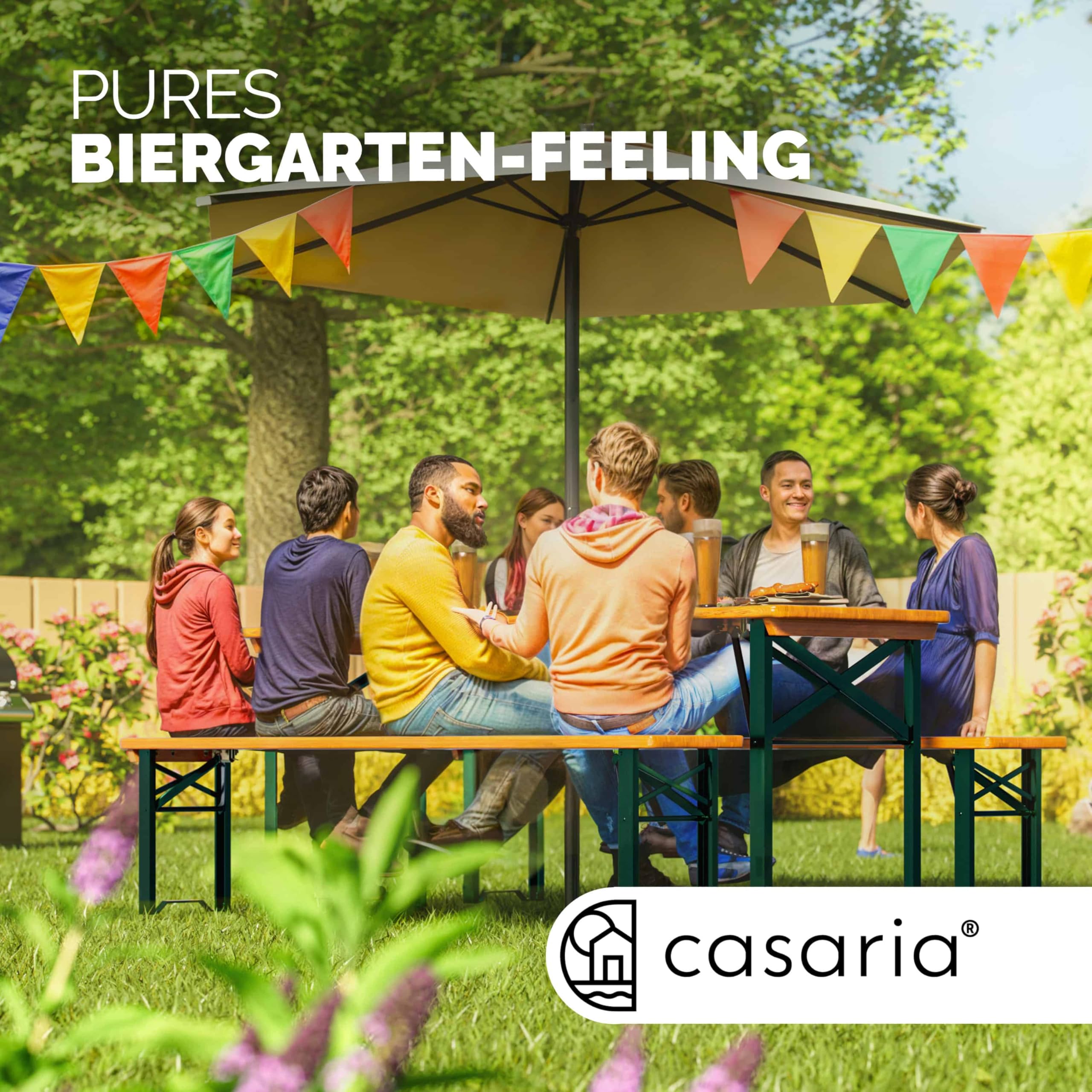 Casaria® Bierzeltgarnitur 170cm Klappbar Stabil 3 Teilig 2X Bierbank 1x Breiter Tisch Holz Biertischgarnitur Festzeltgarnitur Biergarten Biergarnitur