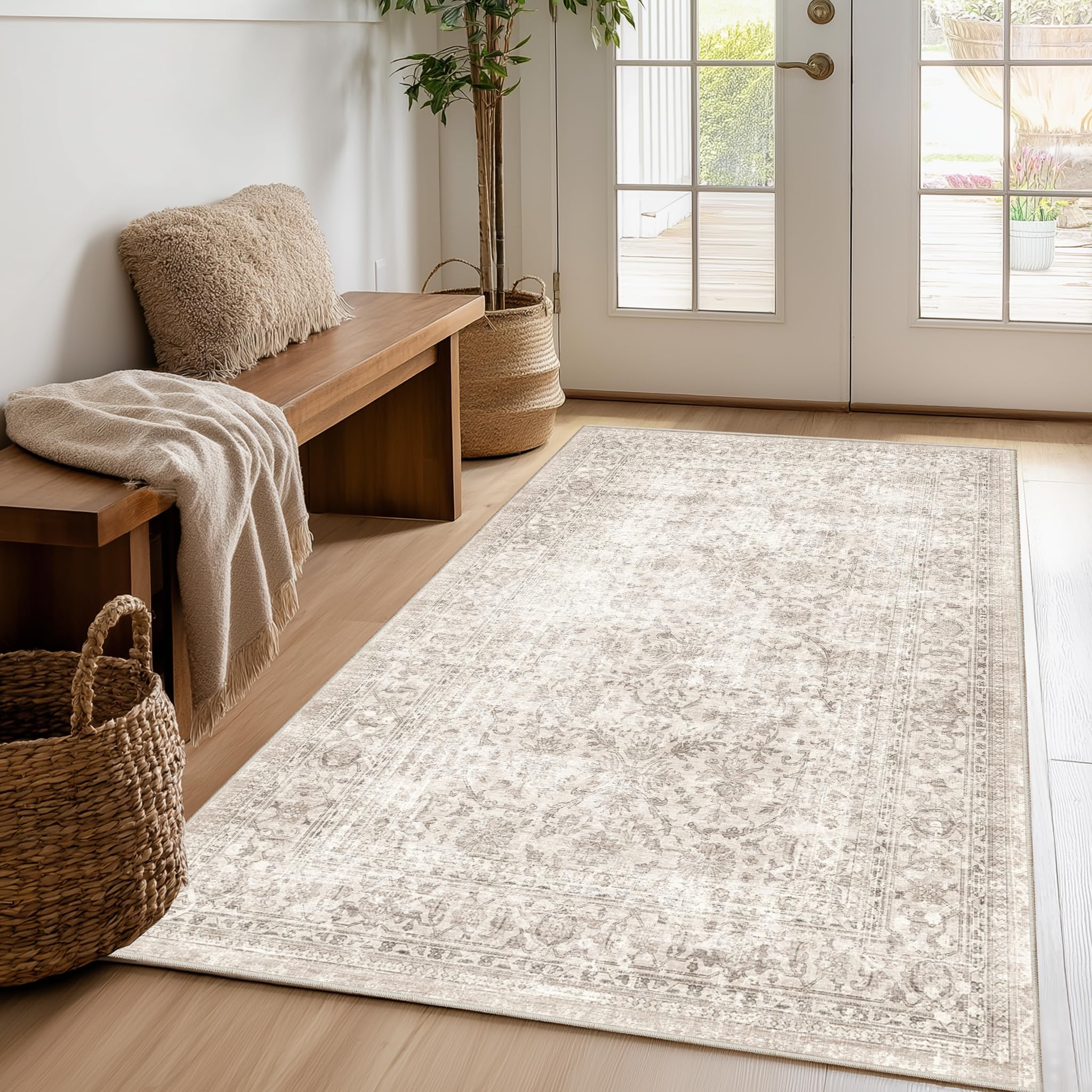 FMFUNCTEX 4x6 Washable Beige Neutral Vintage Retro Area Rug for Entryway