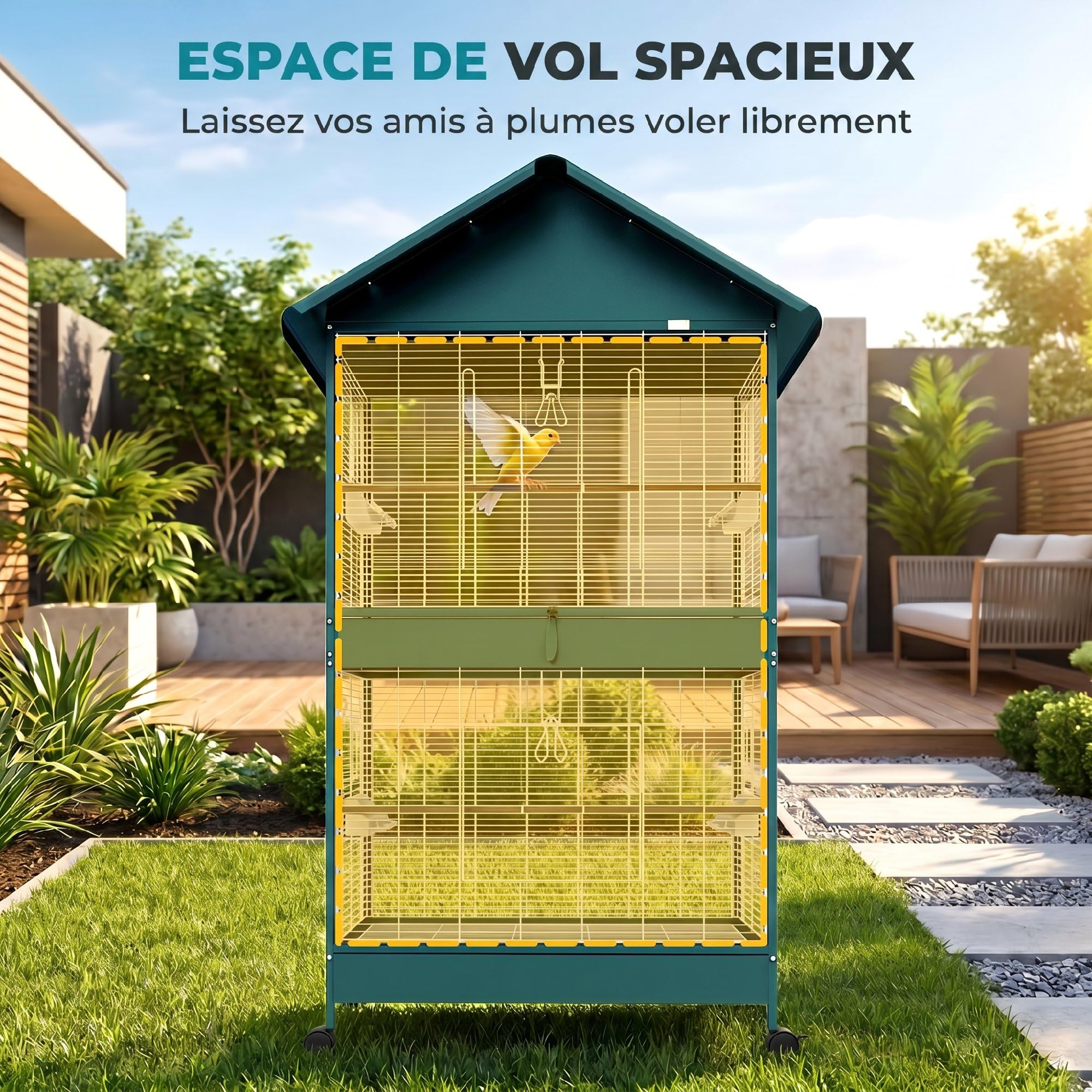 PawHut Grande Cage à Oiseaux Roulante, Volière Oiseaux Intérieur/Extérieur, Séparateur Amovible, 4 Mangeoires, 2 Perchoirs, 2 Plateaux, 94x70x158 cm