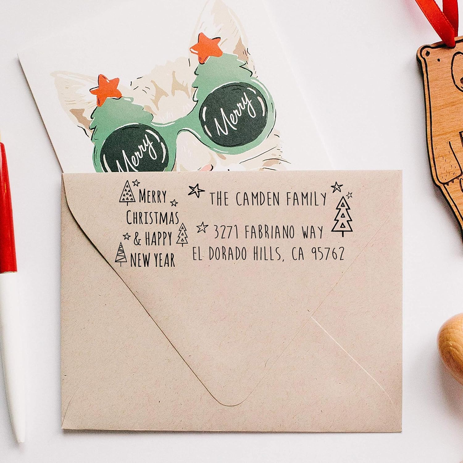 Christmas Address Label Stamp Custom Merry Christmas Stamp. Choose Santa Tree Reindeer Snowman Mistletoe Business Stamper Wood or Self Inking - Large 4 Lines
