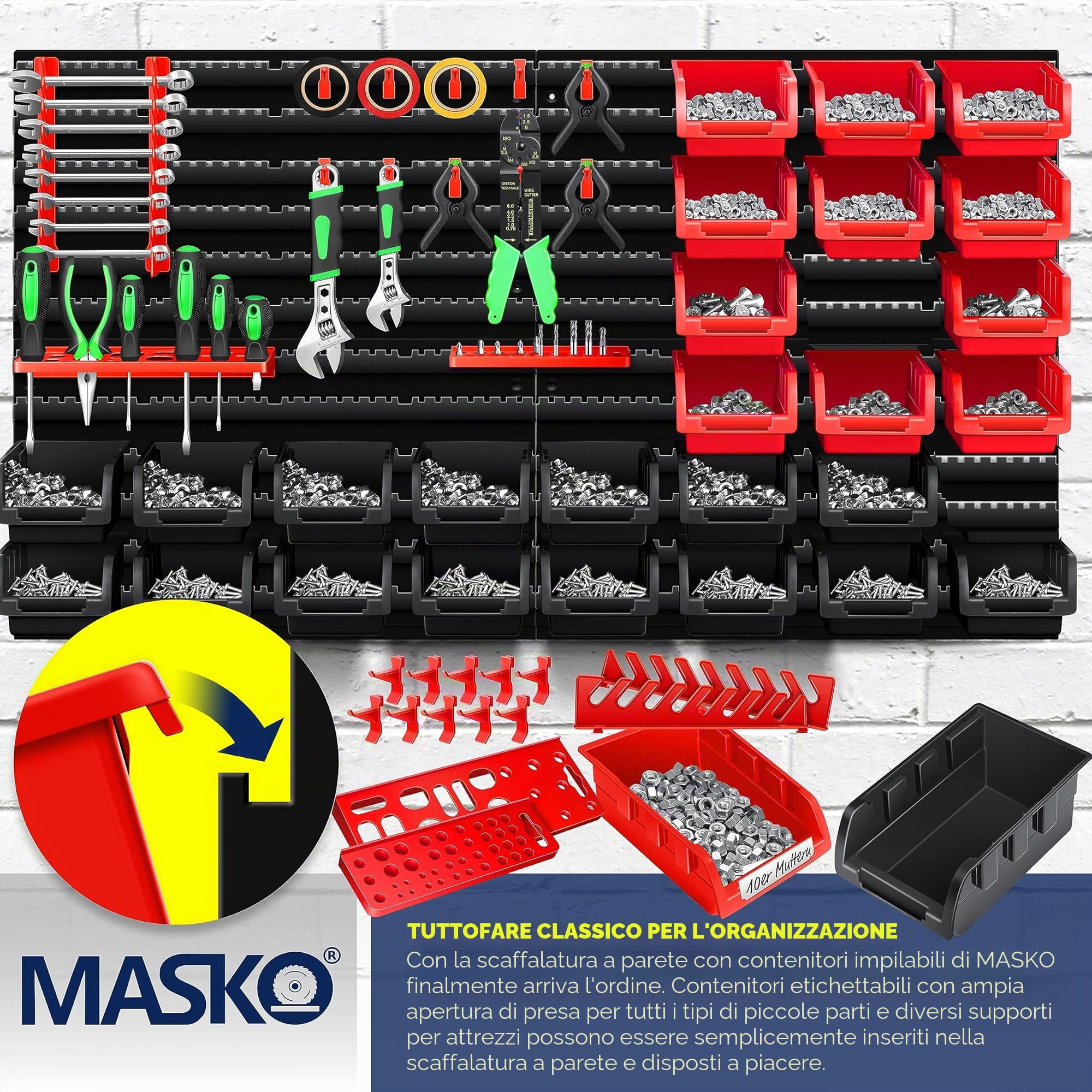 Masko® Scaffale da parete + Scatole impilabili + Portautensili, Espandibile, Scaffale da officina, Scatole portaoggetti visibili, 45 Parti - Nero/Rosso
