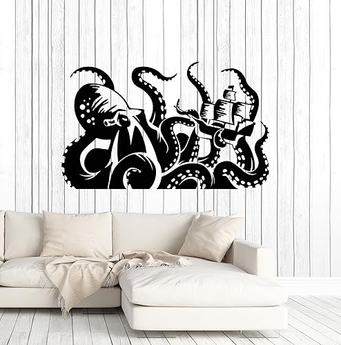 Miniatura 1 de Vinilo adhesivo de pared Kraken pulpo barco tentáculos náutico baño arte pegatinas mural decoración grande (ig5064) negro