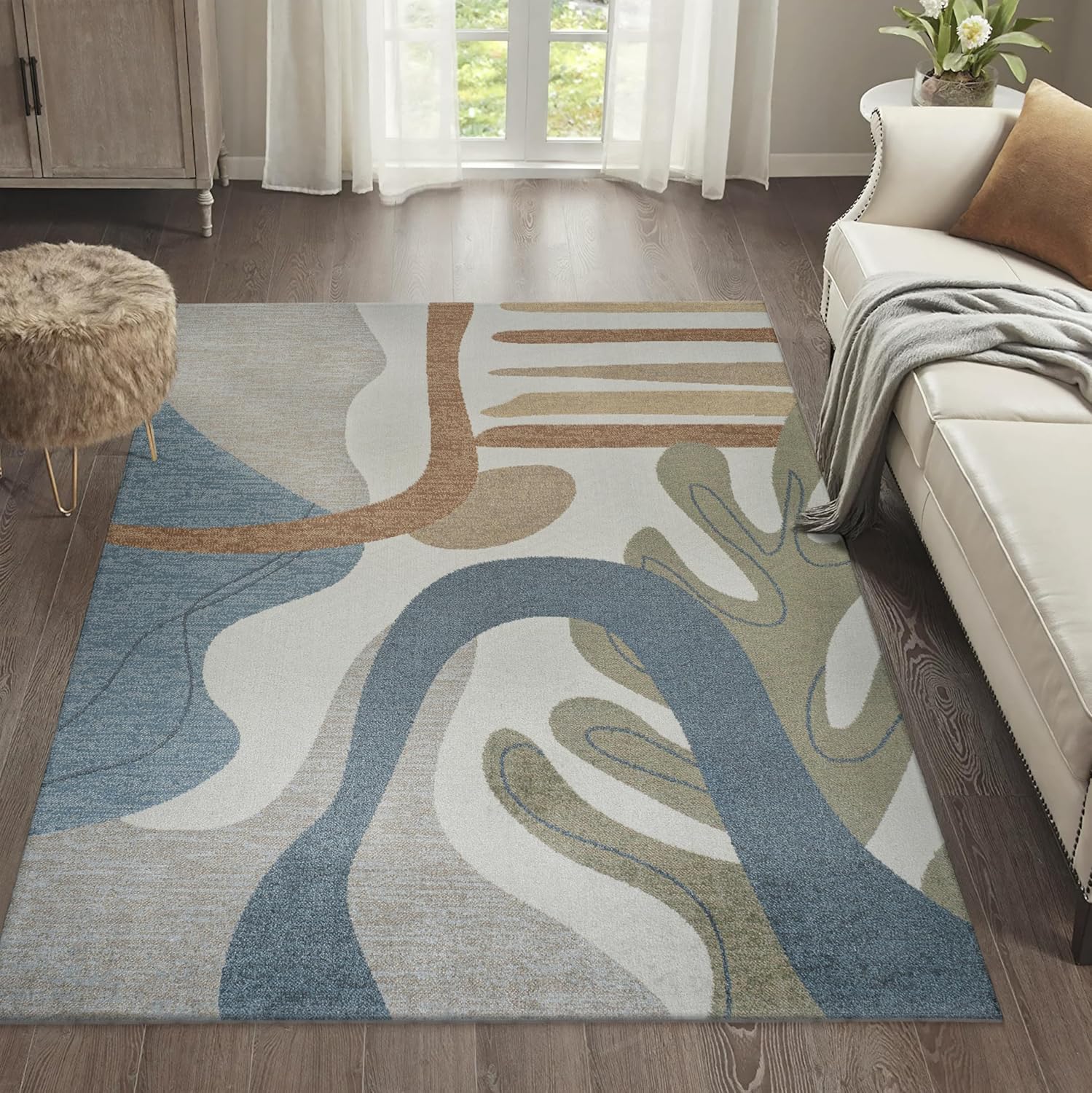 JONATHAN Y Machine Washable Cream/Multi Indoor Area Rug 3X5 ft, Algae Abstract Glam Botanical for Living Room, Bedroom, Kitchen, Office, Easy-Cleaning, Pet-Friendly, Non-Shedding WSH301A-3