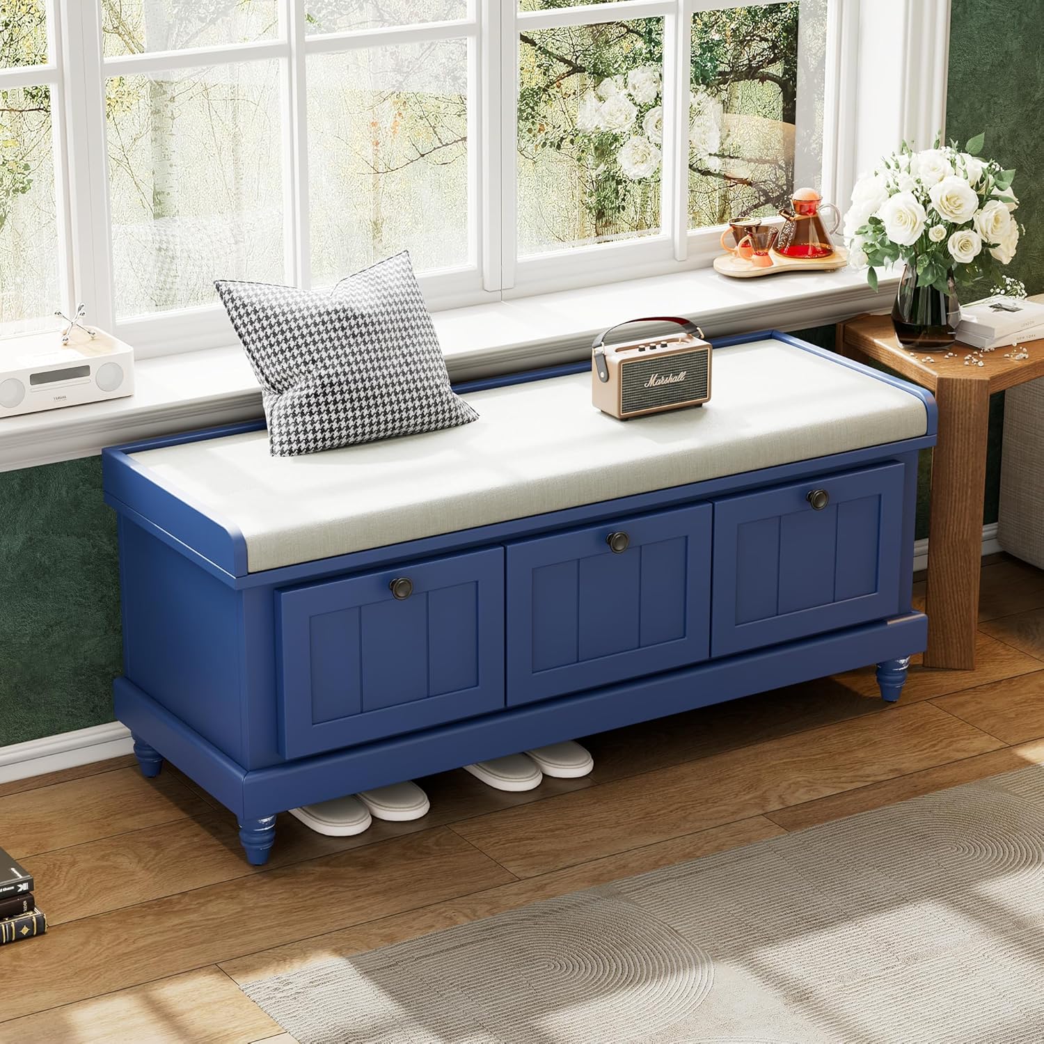 Entryway Storage Bench with Three Drawers, Classic Storage Bench with Cushioned Seat, Wood Shoe Bench for Entryway and Living Room (Navy Blue/241)