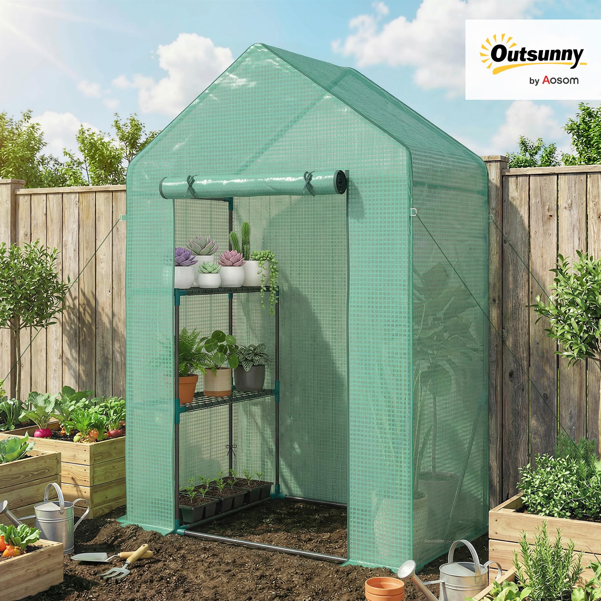 Outsunny Serra da Giardino con Porta Avvolgibile e Scaffale a 2 Ripiani, Serra per Orto con Struttura in Acciaio e Copertura PE, per Piante Orto Verdure Fiori Frutta, Anti UV, 143x73x195 cm, Verde