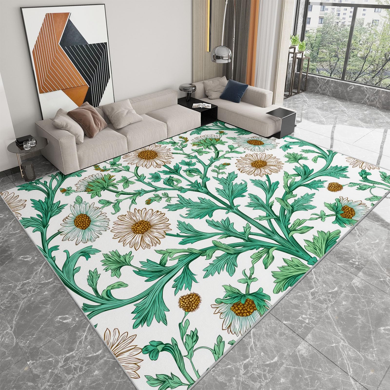 Générique Dywan do salonu, można prać w pralce 160 x 230 cm, antypoślizgowy dywan o niskim włosiu z minimalistycznym nadrukiem, rośliny winorośli, kwiaty na balkon, do ogrodu, do jadalni, werandy