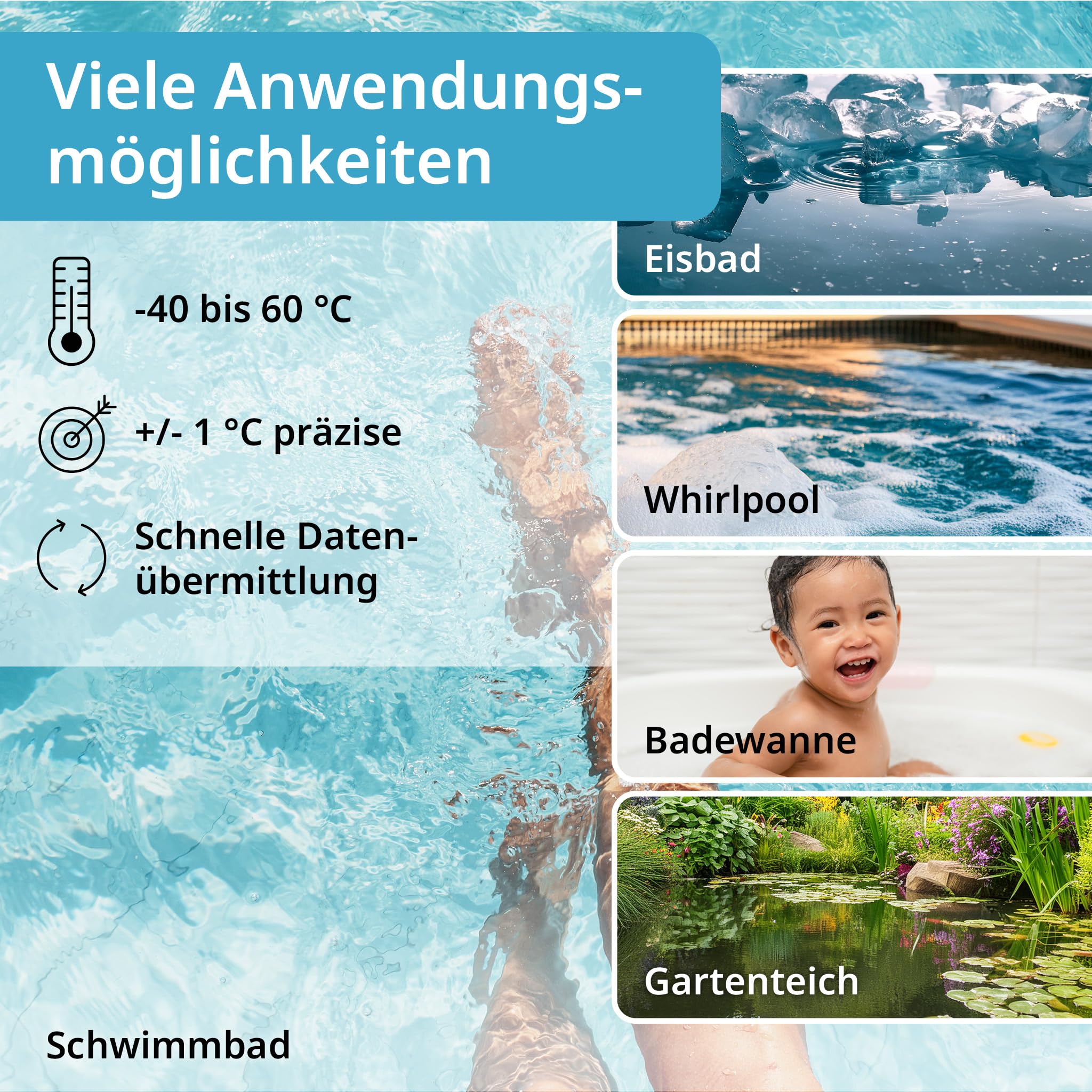ADE Poolthermometer schwimmend | Pool Thermometer funk für Schwimmbad, Whirlpool, Badewanne, Teich | Wasserthermometer mit Außensensor | inkl. Batterien