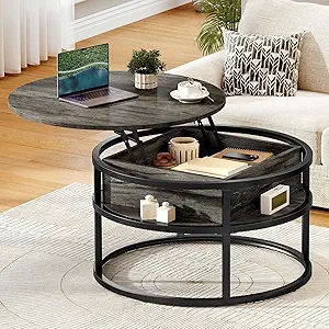 DWVO Coffee Tables for Living Room, Round Lift Top Coffee Table with Storage and Hidden Compartment, Modern Small Circle Coffee Table Wood Farmhouse Center Table, Grey