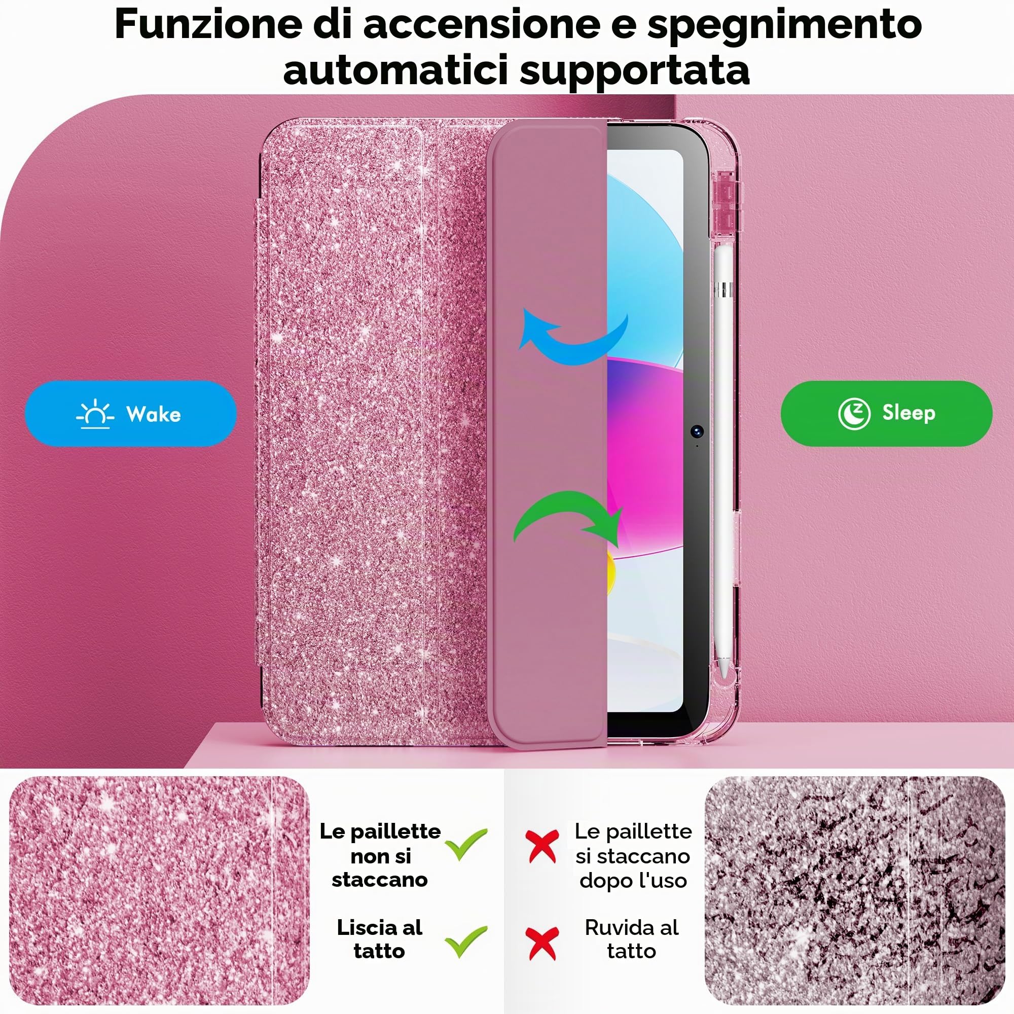 INFILAND Custodia iPad 11 Generazione A16 11 Pollici 2025, iPad 10 Generazione 10,9 Pollici 2022, Glitterata Retro Trasparente Brillante Portapenne Rosa
