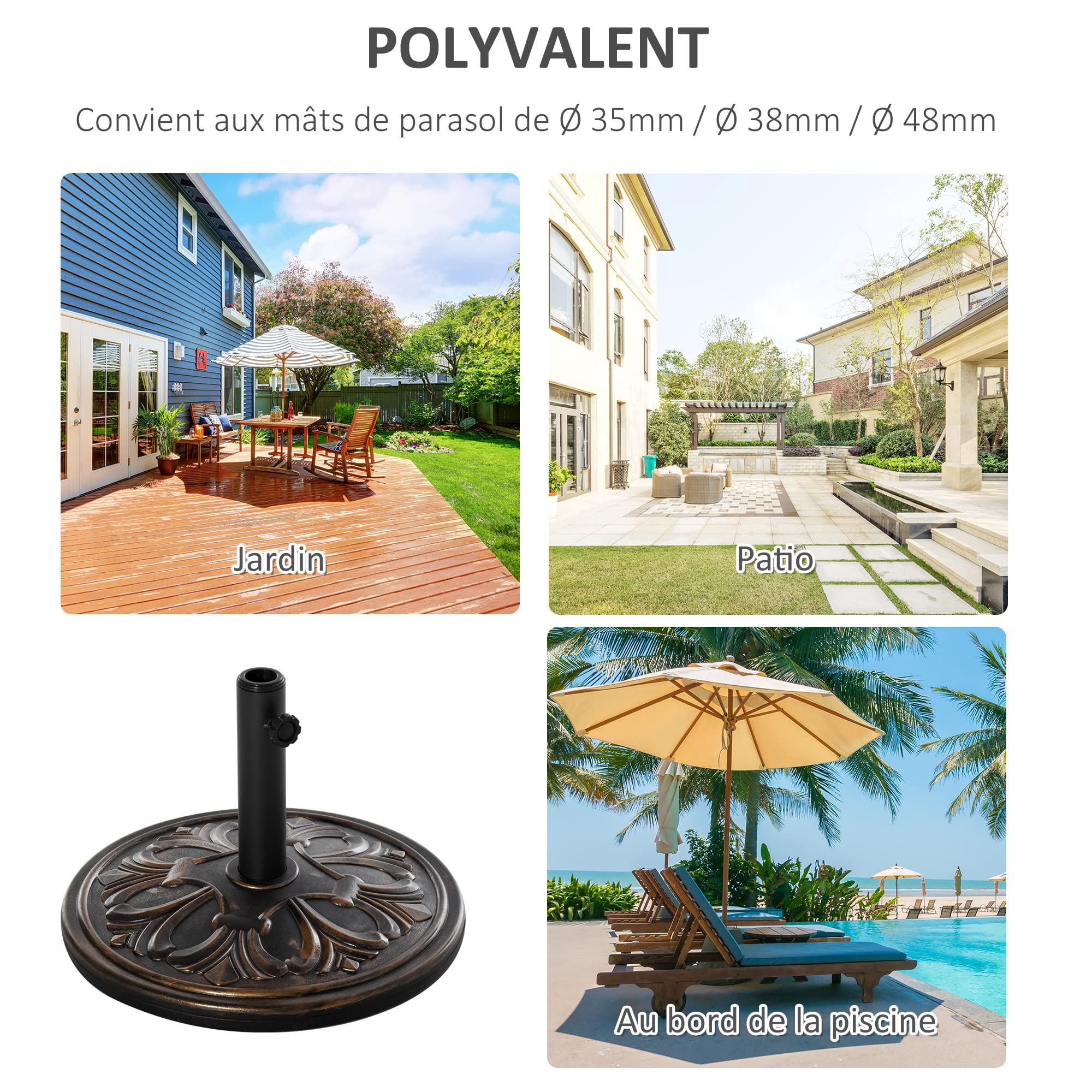 Outsunny Pied de parasol rond base de lestage Ø 48 x 34H cm ciment HDPE motif fleurs de lys poids net 13 Kg noir doré