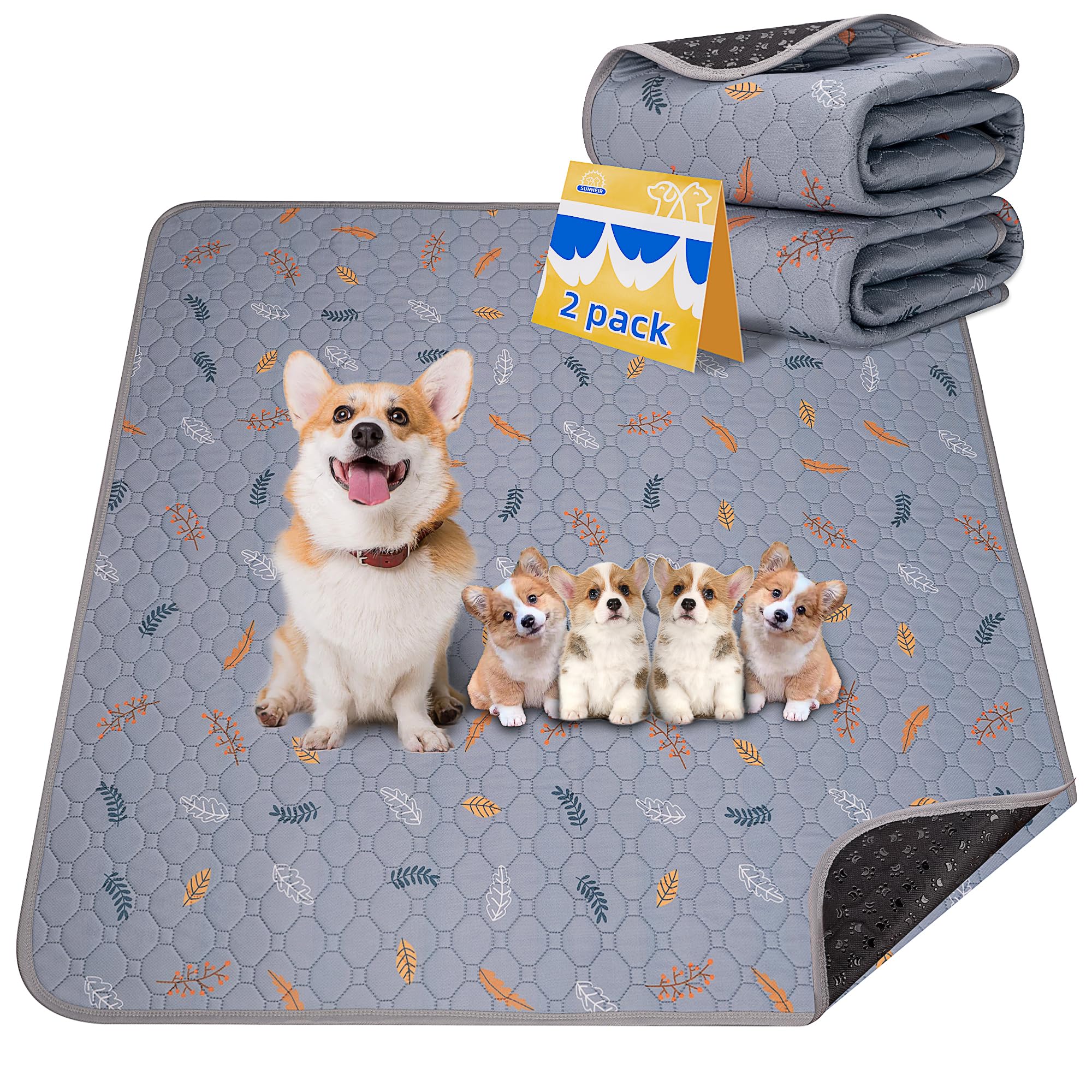 Sunheir Washable Pee Pads for Dogs 2-Pack Reusable Puppy Pads Pet Training Pads, Waterproof Dog Pee Pads for Crate, Whelping Pad, Non-Slip Protects