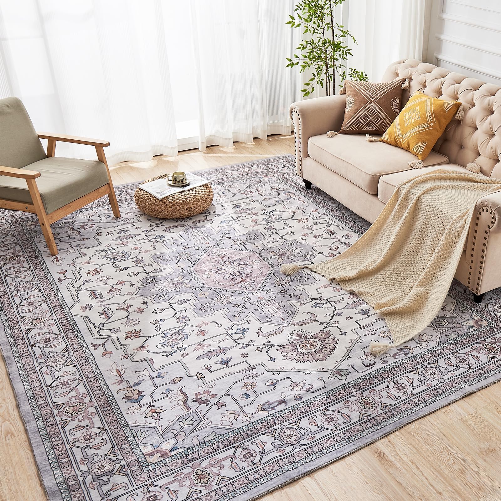 ROCYJULIN 9x12 Area Rugs for Living Room, Low-Pile Faux Wool 9 x 12 Area Rug for Bedroom, Non-Slip Indoor Carpet for High Traffic Areas, Grey