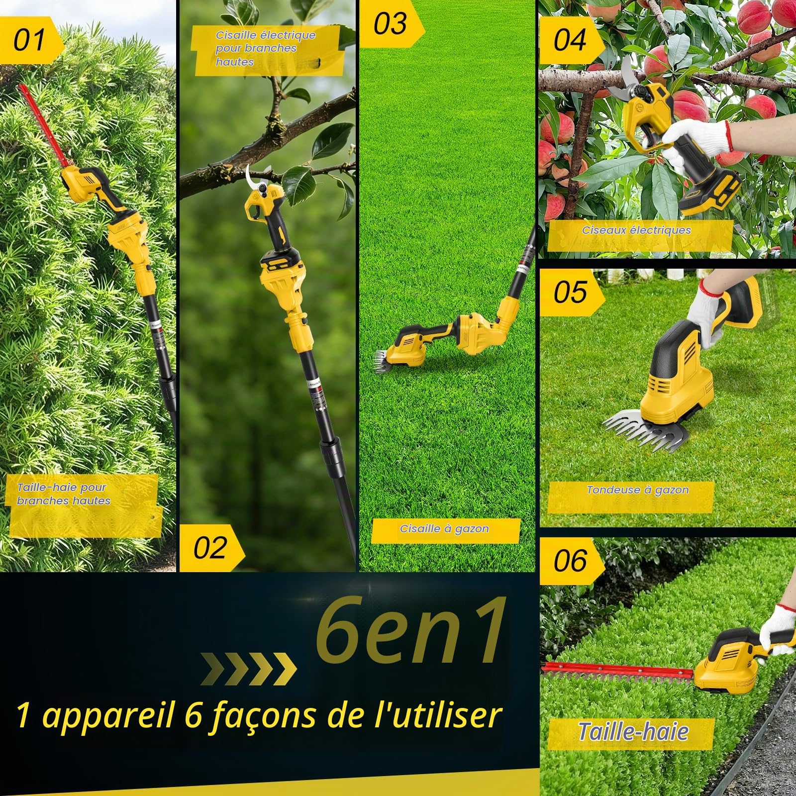 Taille-haie et sécateur électrique sans Fil 5-en-1 avec Manche télescopique Compatible Batterie DeWalt 20V, Longueur réglable 100–200cm, tête pivotante 0–180°, sécateur électrique pour Jardin