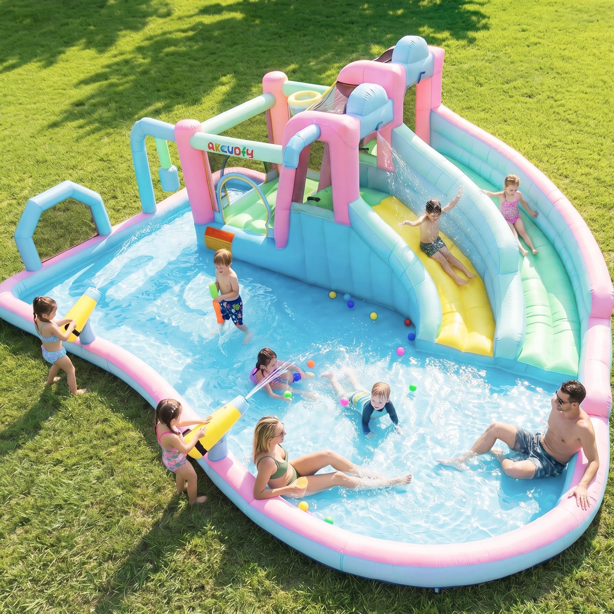 Giant Inflatable Water Slides, Double Slides Bounce House Water Park for Big Kids Gifts with Jump Area/Large Splash Pool/Outdoor Obstacle Water Play Center, Backyard Summer Fun with Blower (21.3 FT)