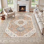 8x10 Zone lavable Rug, Grandes Rugs pour le salon Tâche résistant non glissante en arrière Soft Low Pile Vintage Tapis pour chambre à manger Chambre Kid & Décoration d'intérieur pour animaux de compagnie - Béige